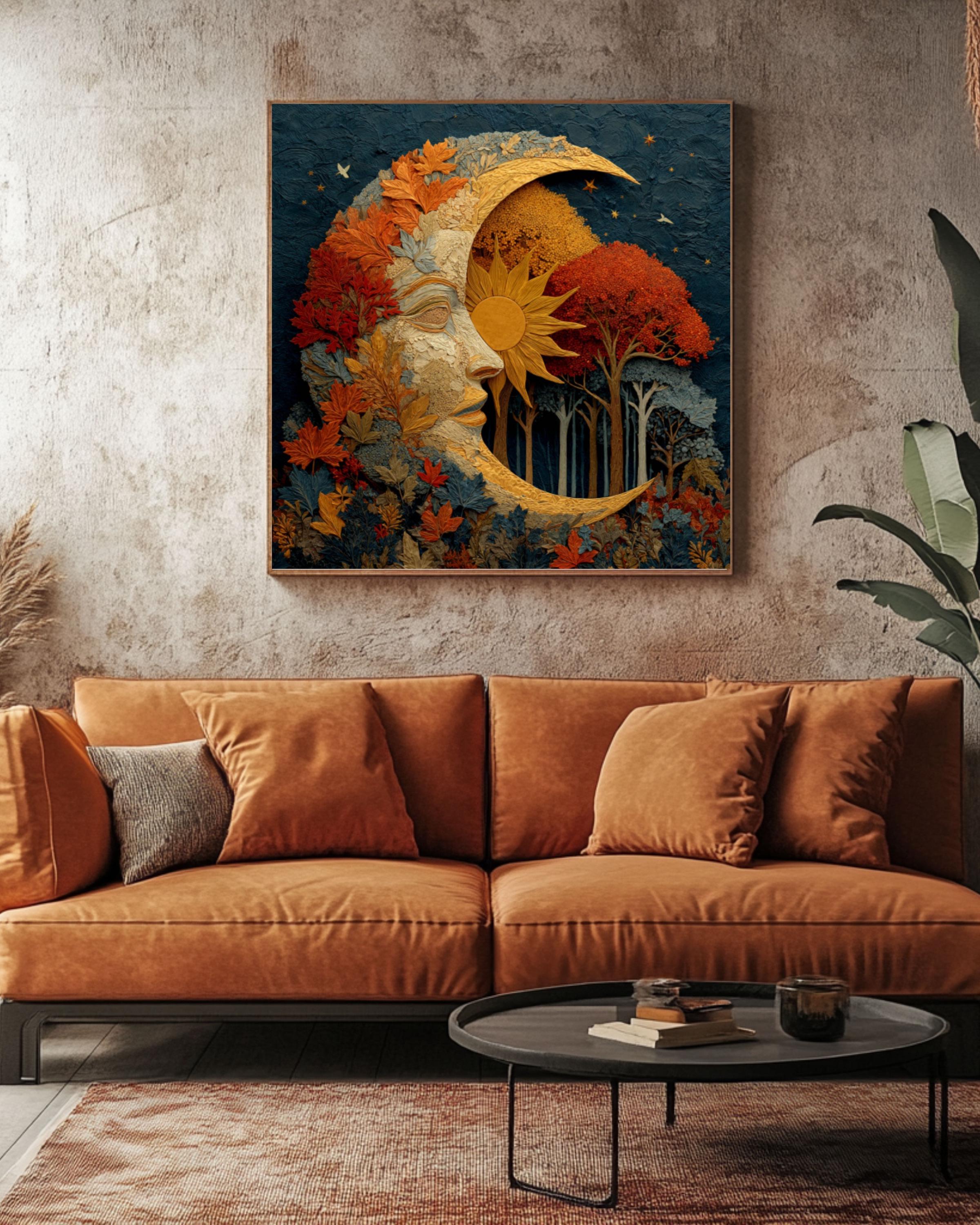 Autumn Moon & Sun Watercolor Print – Fall Trees, Celestial Wall Art