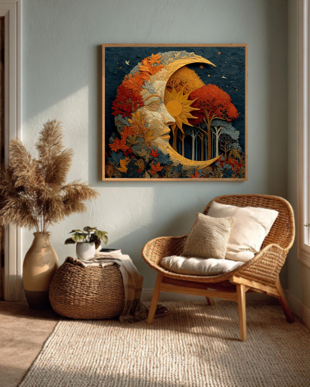 Autumn Moon & Sun Watercolor Print – Fall Trees, Celestial Wall Art