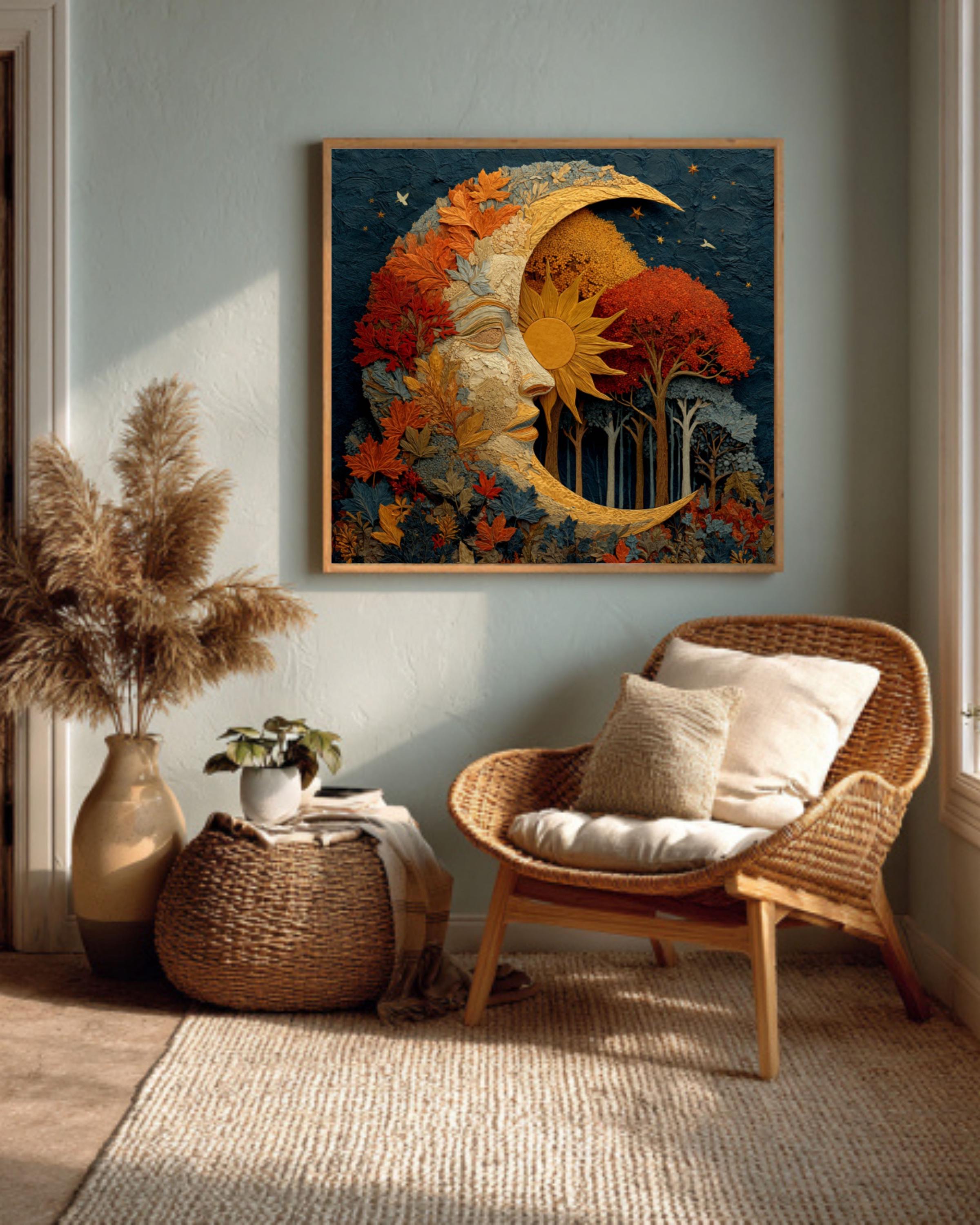 Autumn Moon & Sun Watercolor Print – Fall Trees, Celestial Wall Art