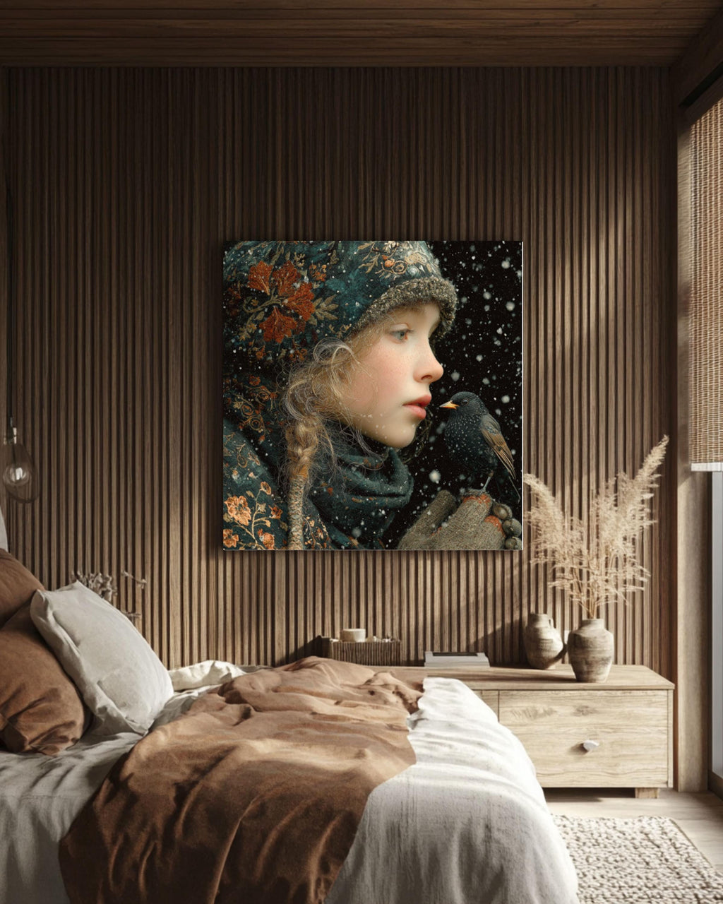 Winter Girl with Bird Painting | Enchanted Forest Fantasy Art