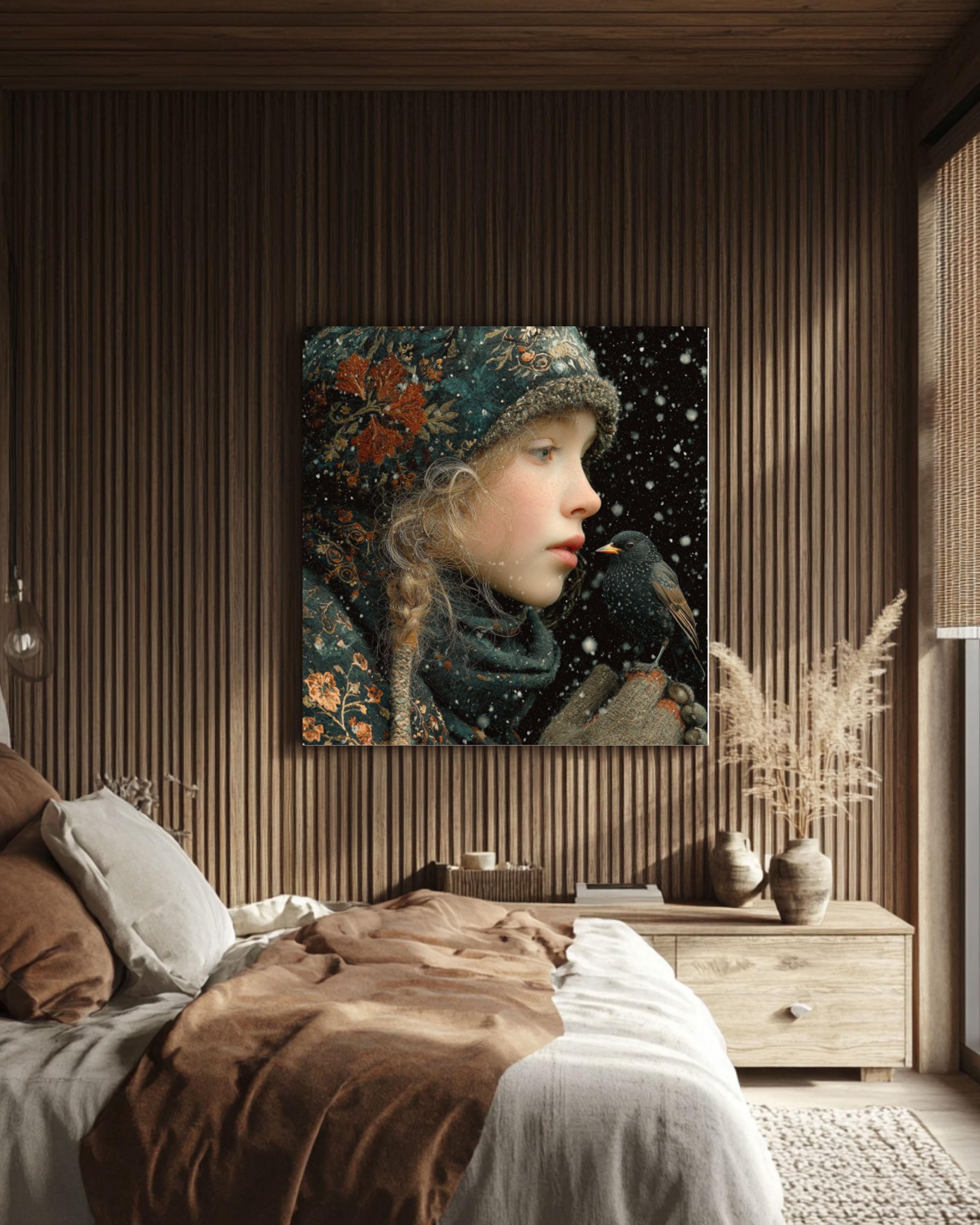 Winter Girl with Bird Painting | Enchanted Forest Fantasy Art