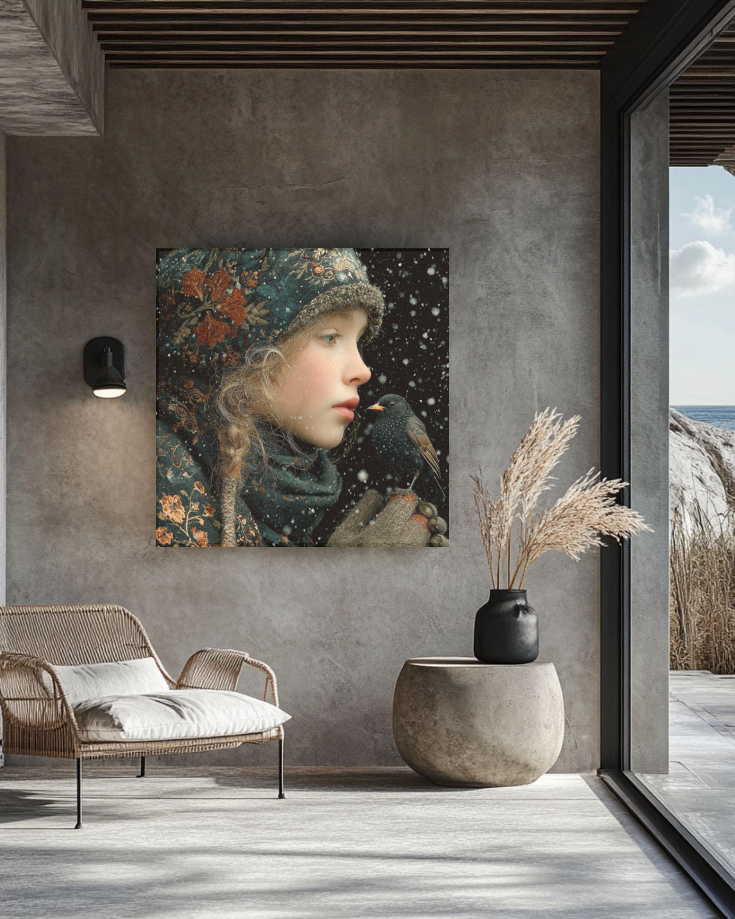 Winter Girl with Bird Painting | Enchanted Forest Fantasy Art