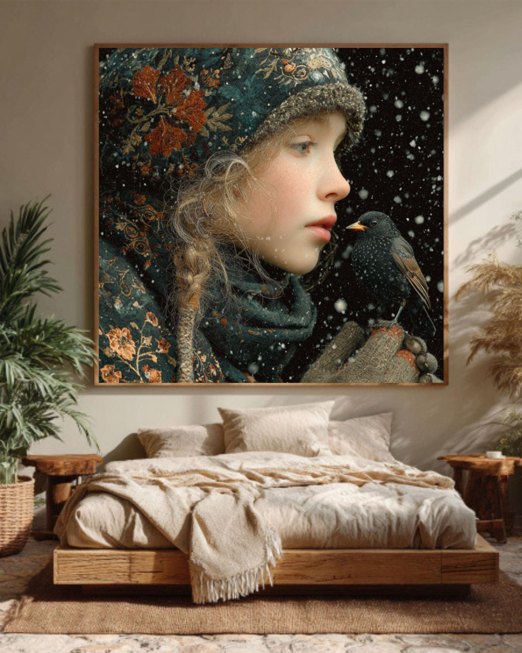 Winter Girl with Bird Painting | Enchanted Forest Fantasy Art