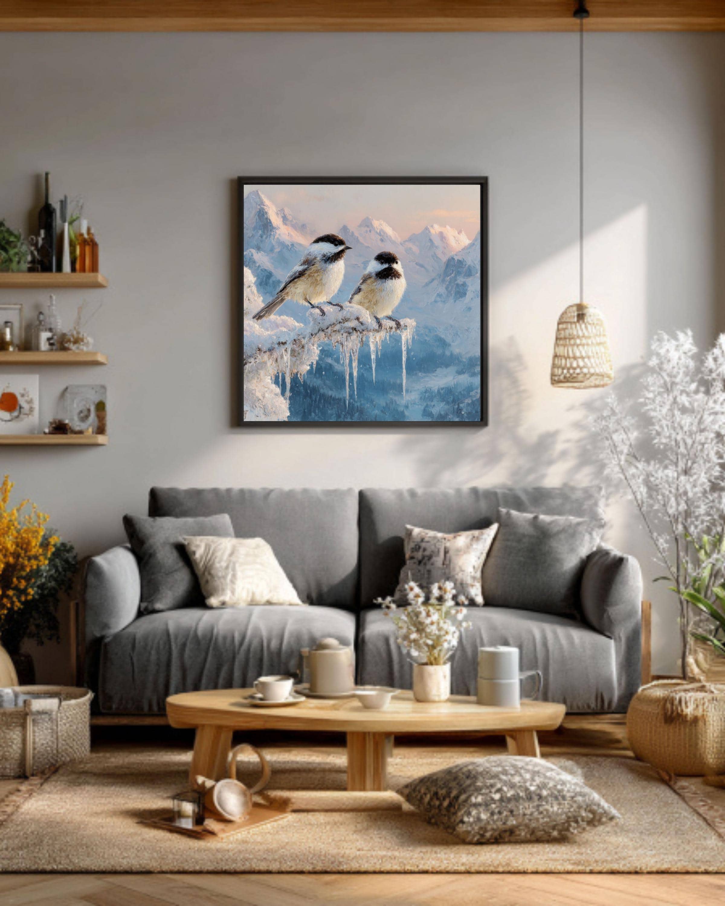 Winter Chickadees Oil Painting – Snowy Mountain Landscape Poster/Canvas