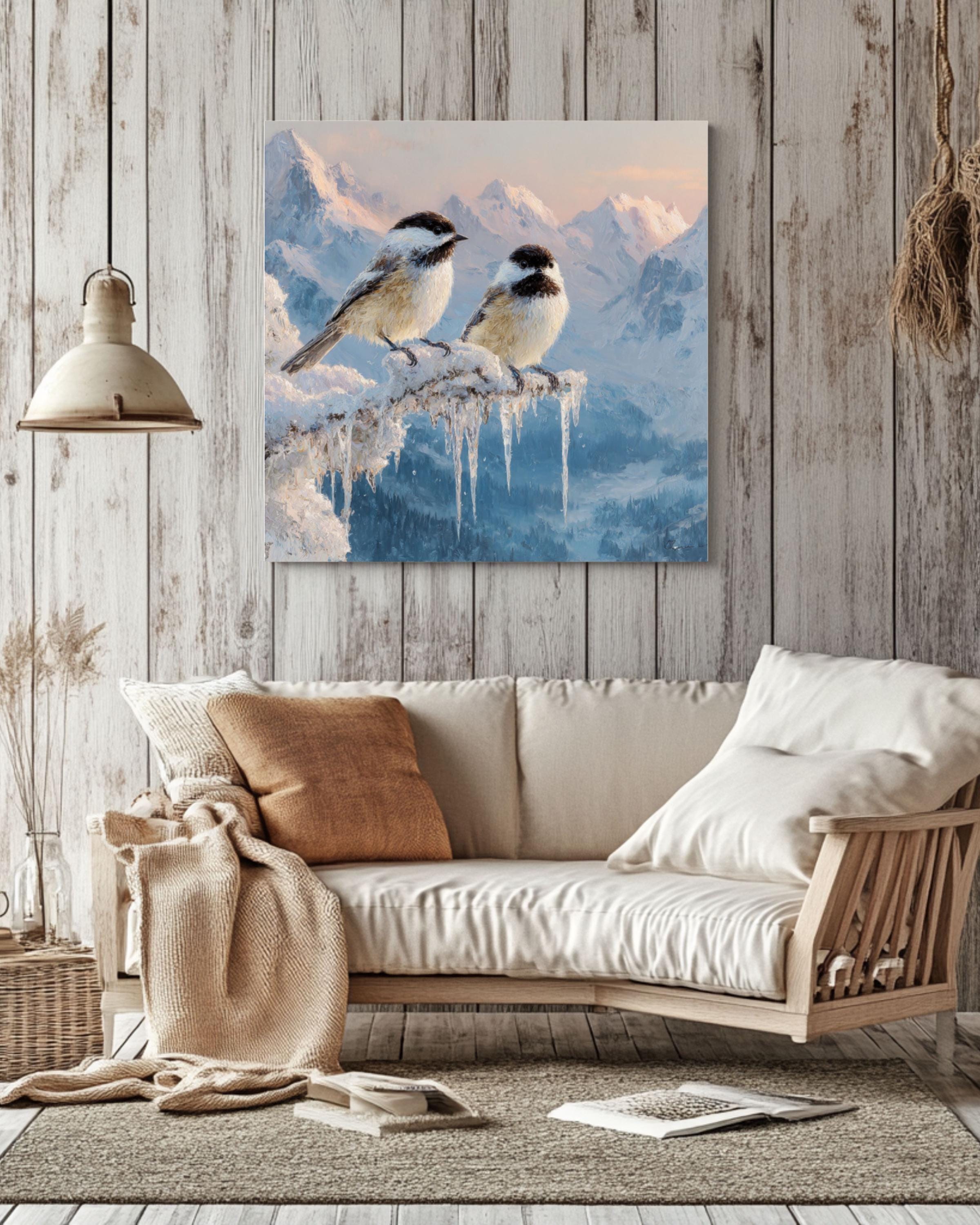 Winter Chickadees Oil Painting – Snowy Mountain Landscape Poster/Canvas