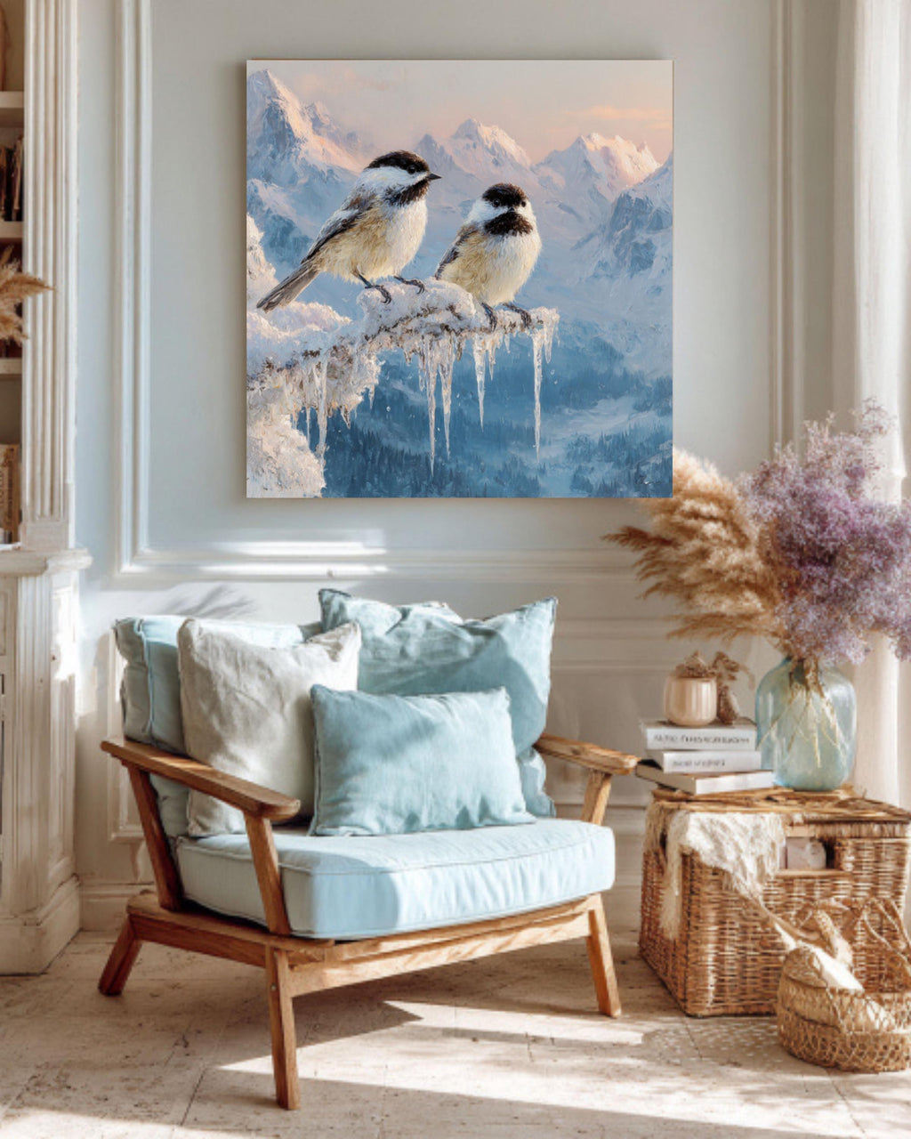 Winter Chickadees Oil Painting – Snowy Mountain Landscape Poster/Canvas