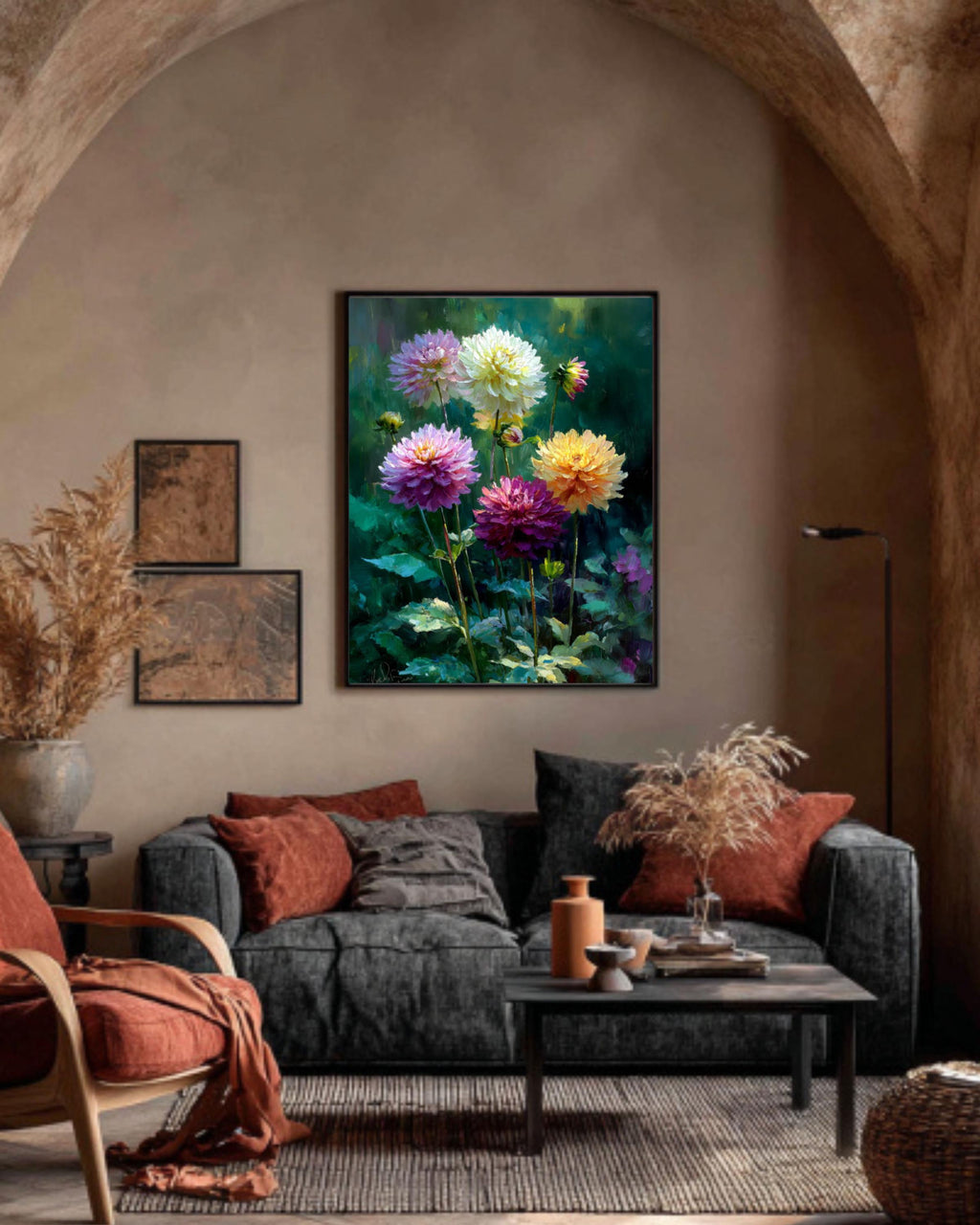 Dahlia Garden Oil Painting – Daniel Gerhartz Style, Floral Canvas Art