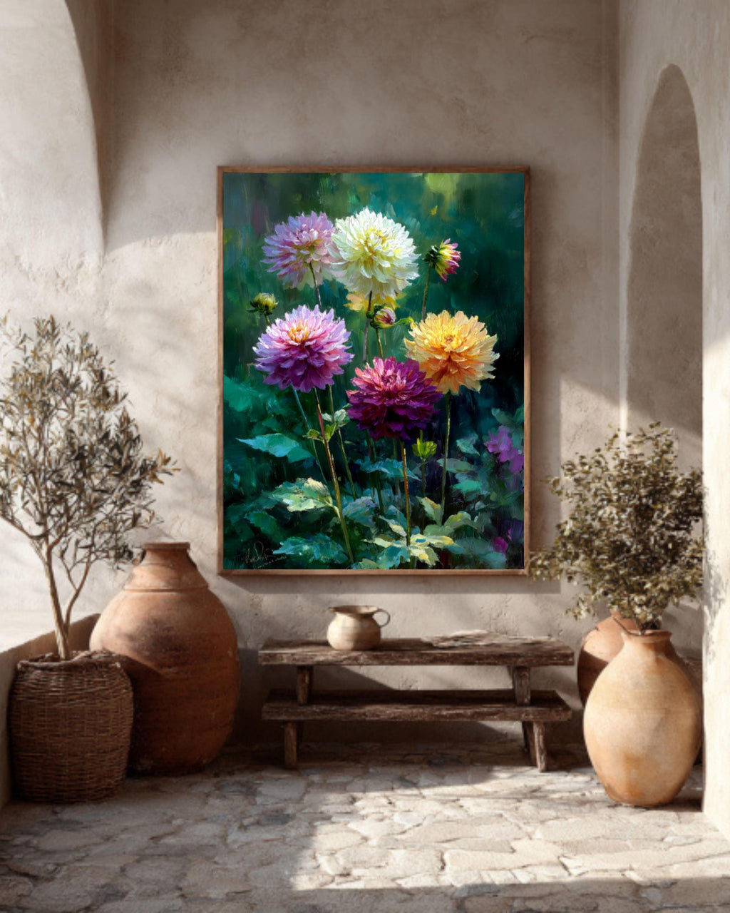 Dahlia Garden Oil Painting – Daniel Gerhartz Style, Floral Canvas Art
