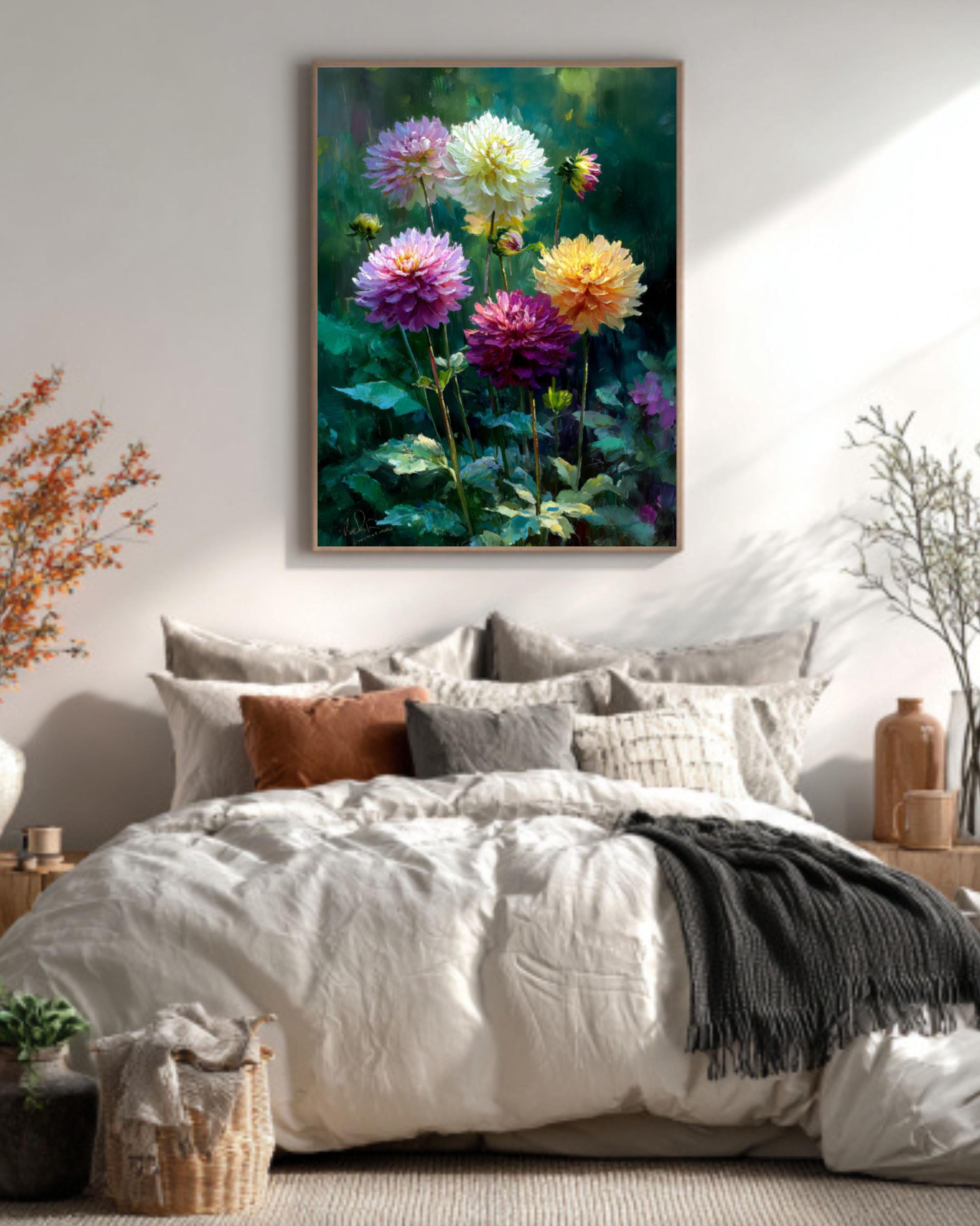 Dahlia Garden Oil Painting – Daniel Gerhartz Style, Floral Canvas Art