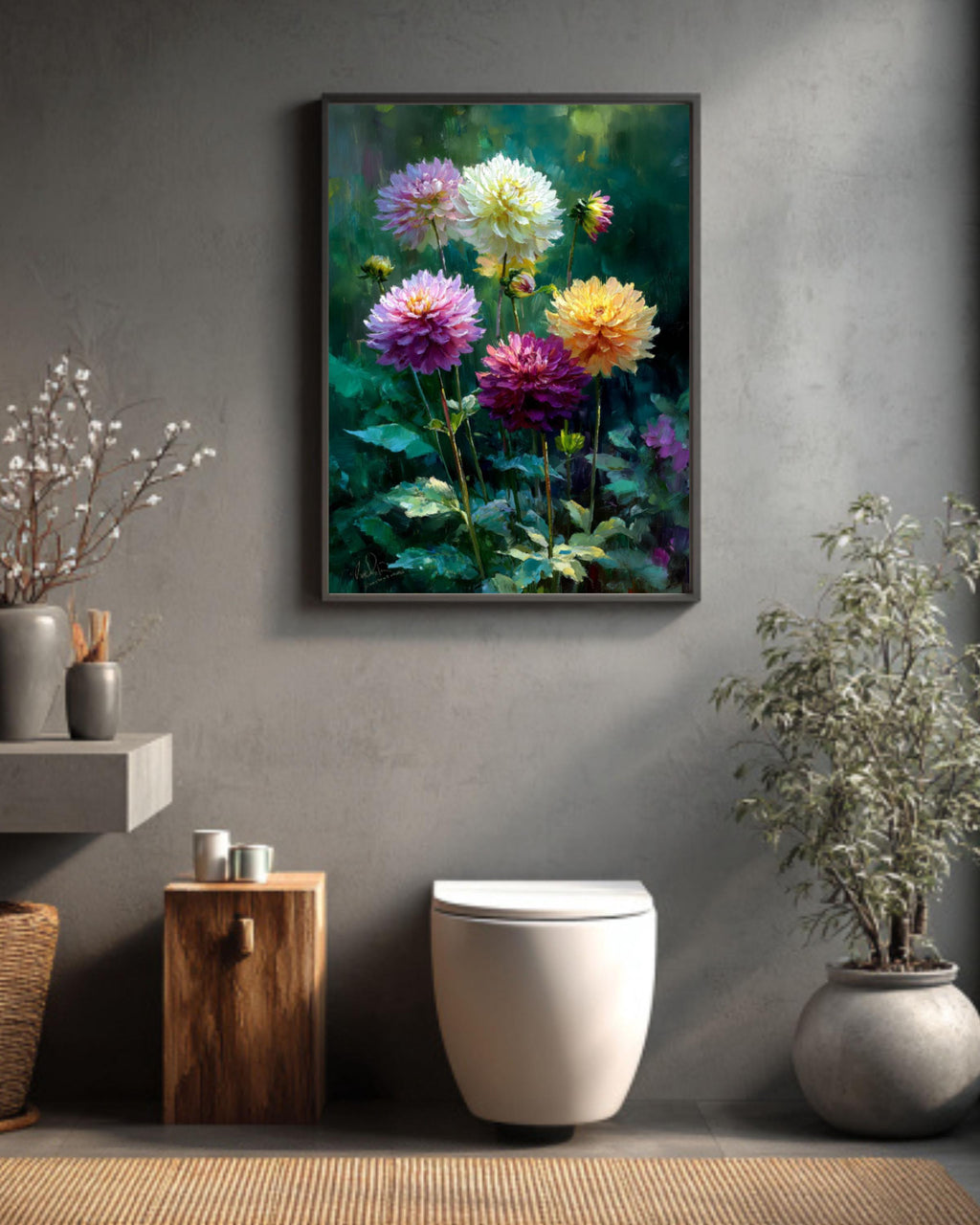 Dahlia Garden Oil Painting – Daniel Gerhartz Style, Floral Canvas Art