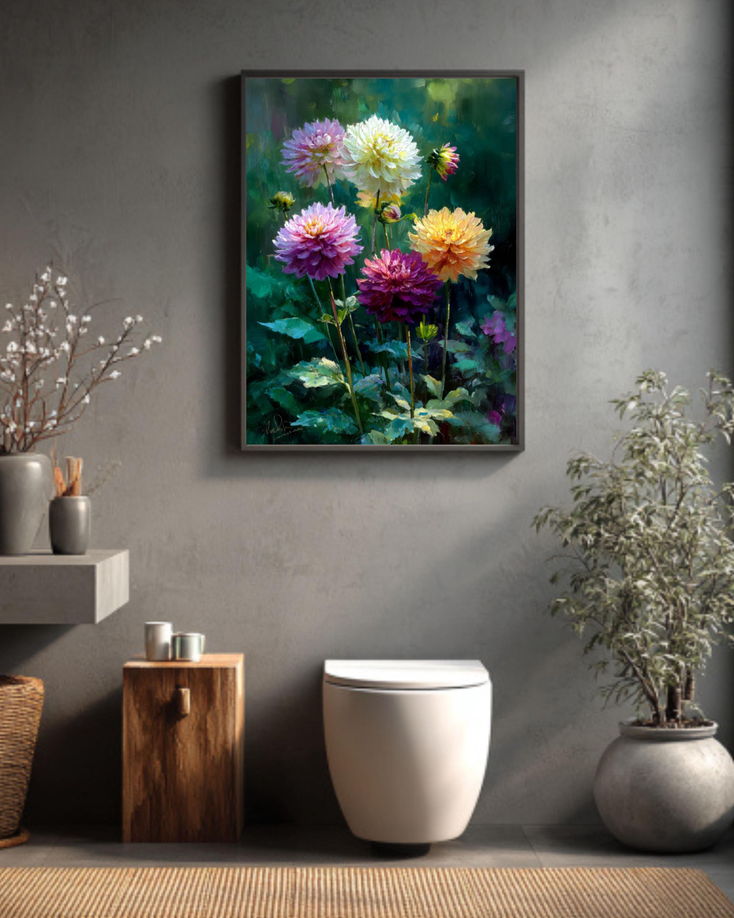Dahlia Garden Oil Painting – Daniel Gerhartz Style, Floral Canvas Art