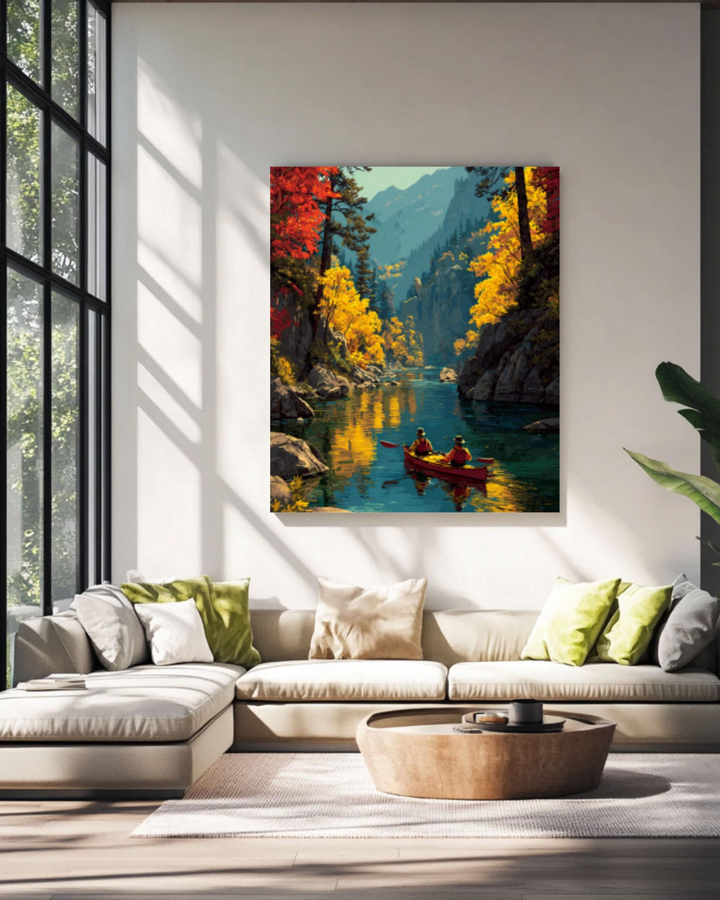 Autumn Kayaking Landscape Wall Art – Scenic Fall Forest River Canvas Print