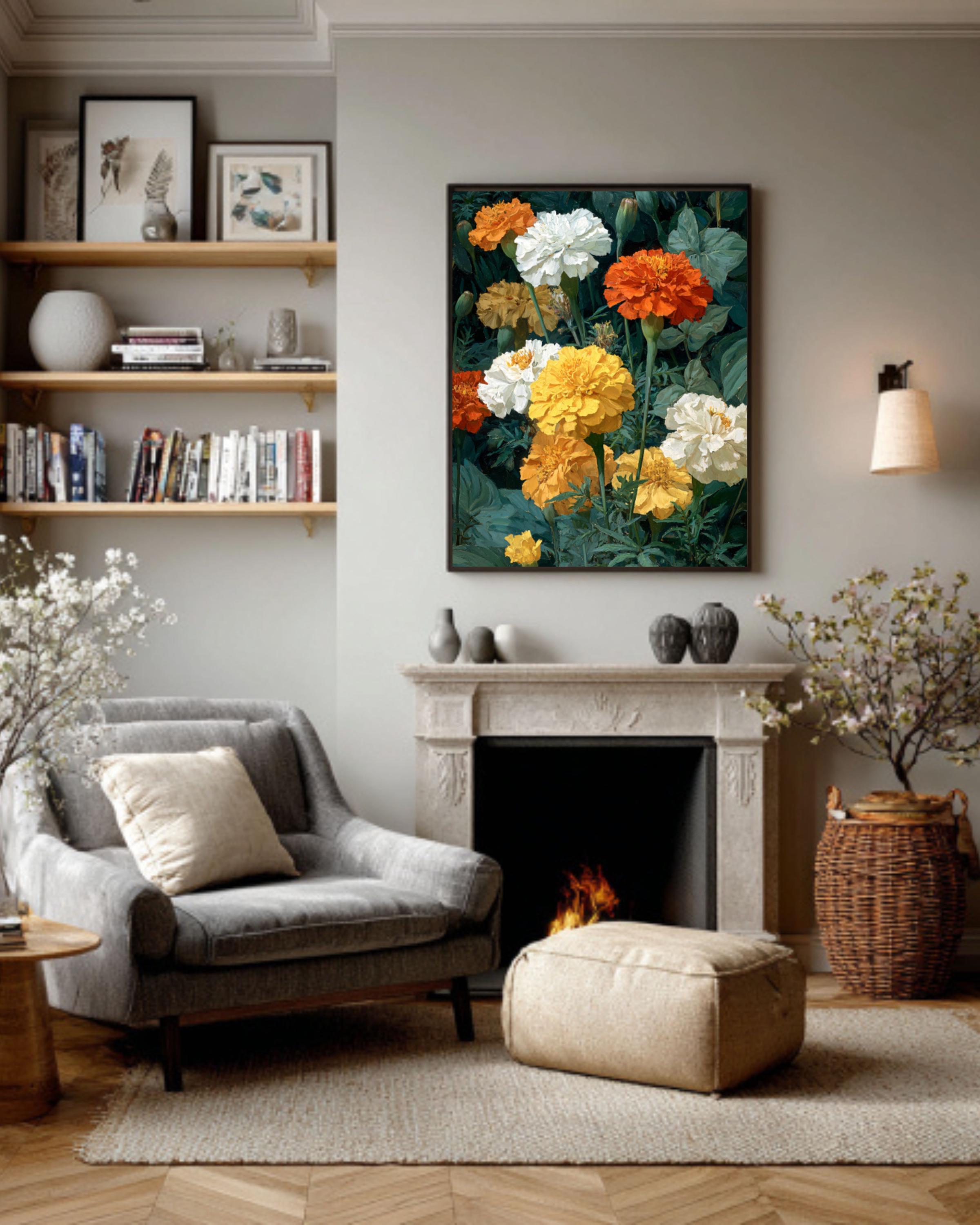 Marigold Floral Oil Painting Wall Art – Botanical Flower Canvas Print