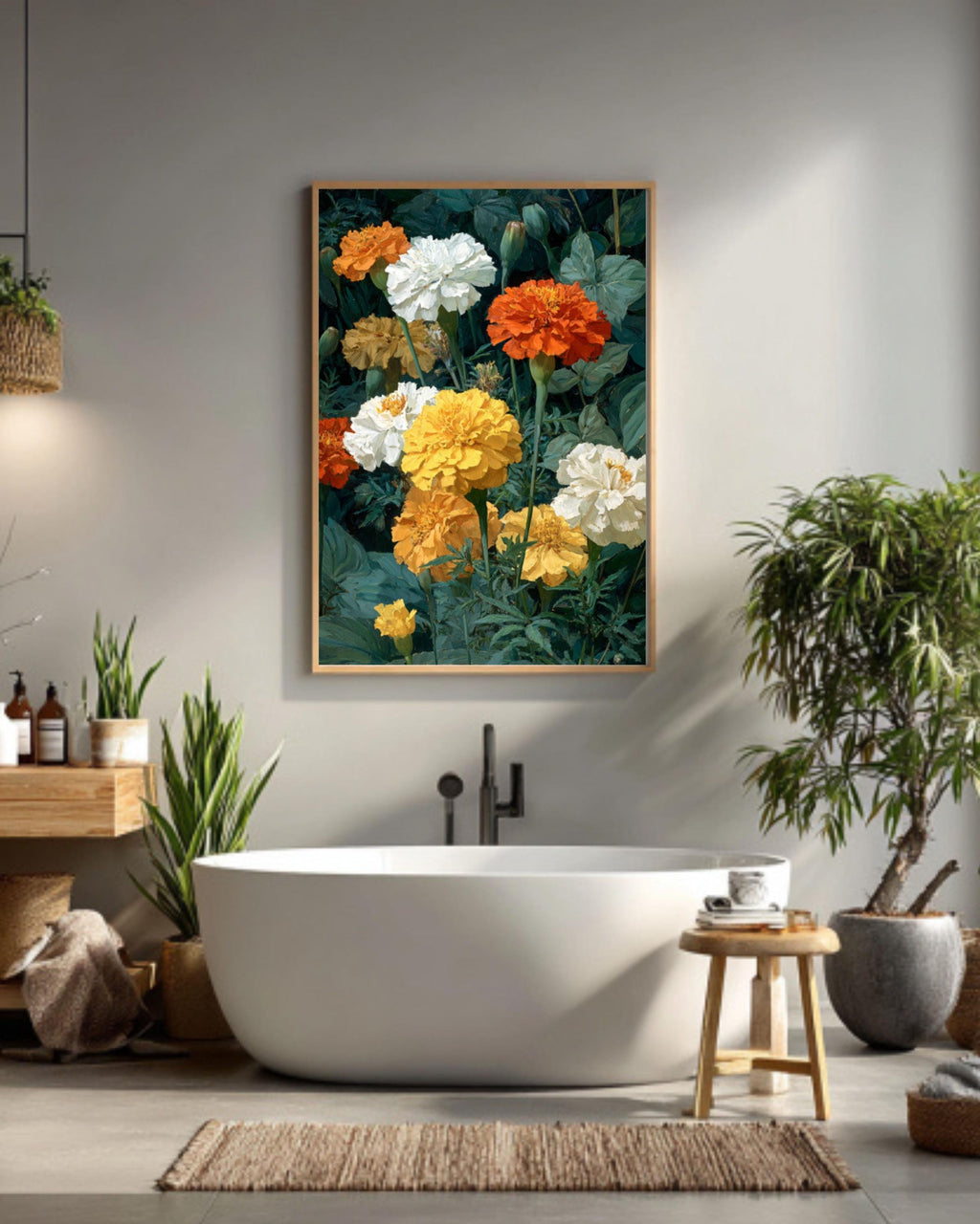 Marigold Floral Oil Painting Wall Art – Botanical Flower Canvas Print