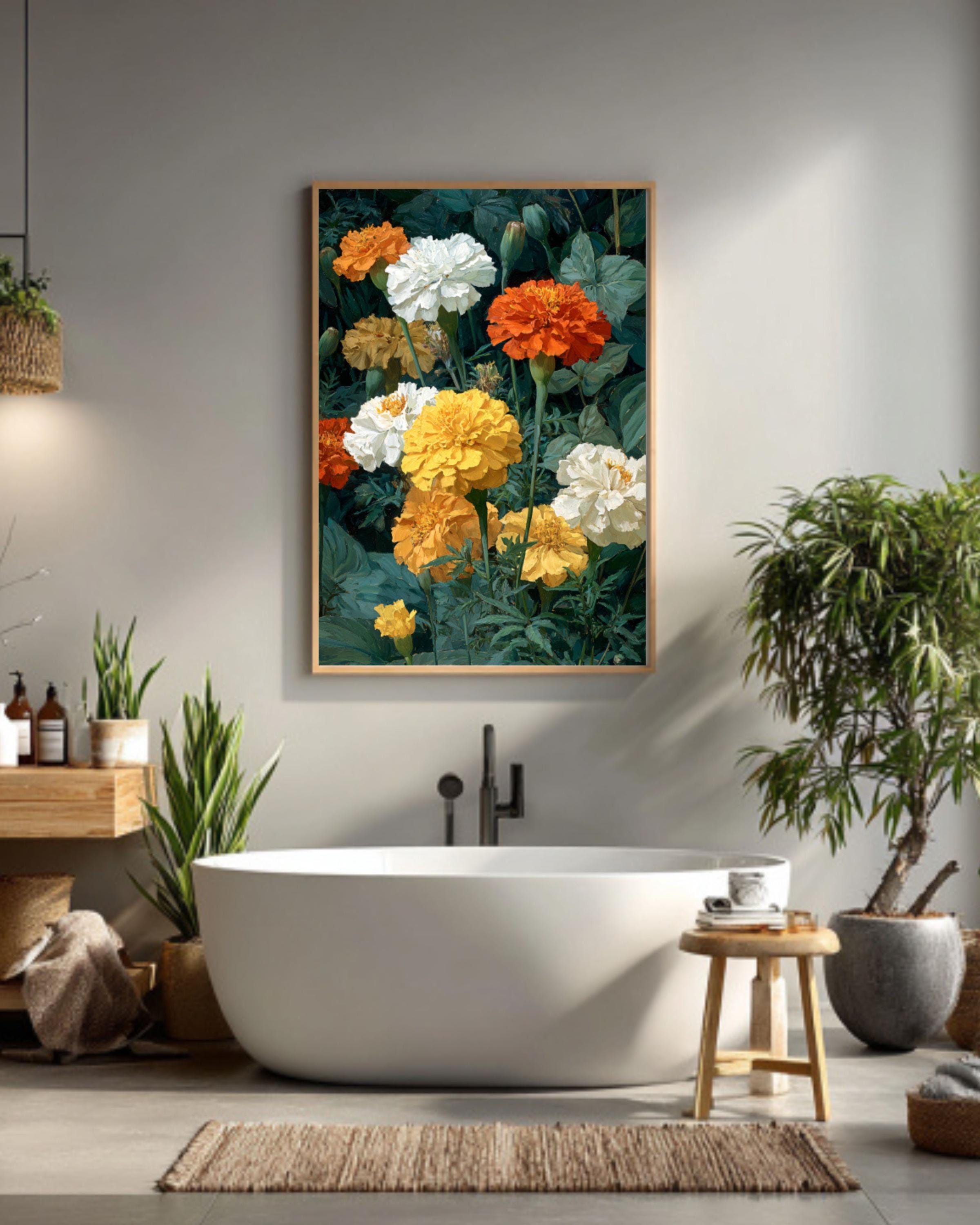 Marigold Floral Oil Painting Wall Art – Botanical Flower Canvas Print