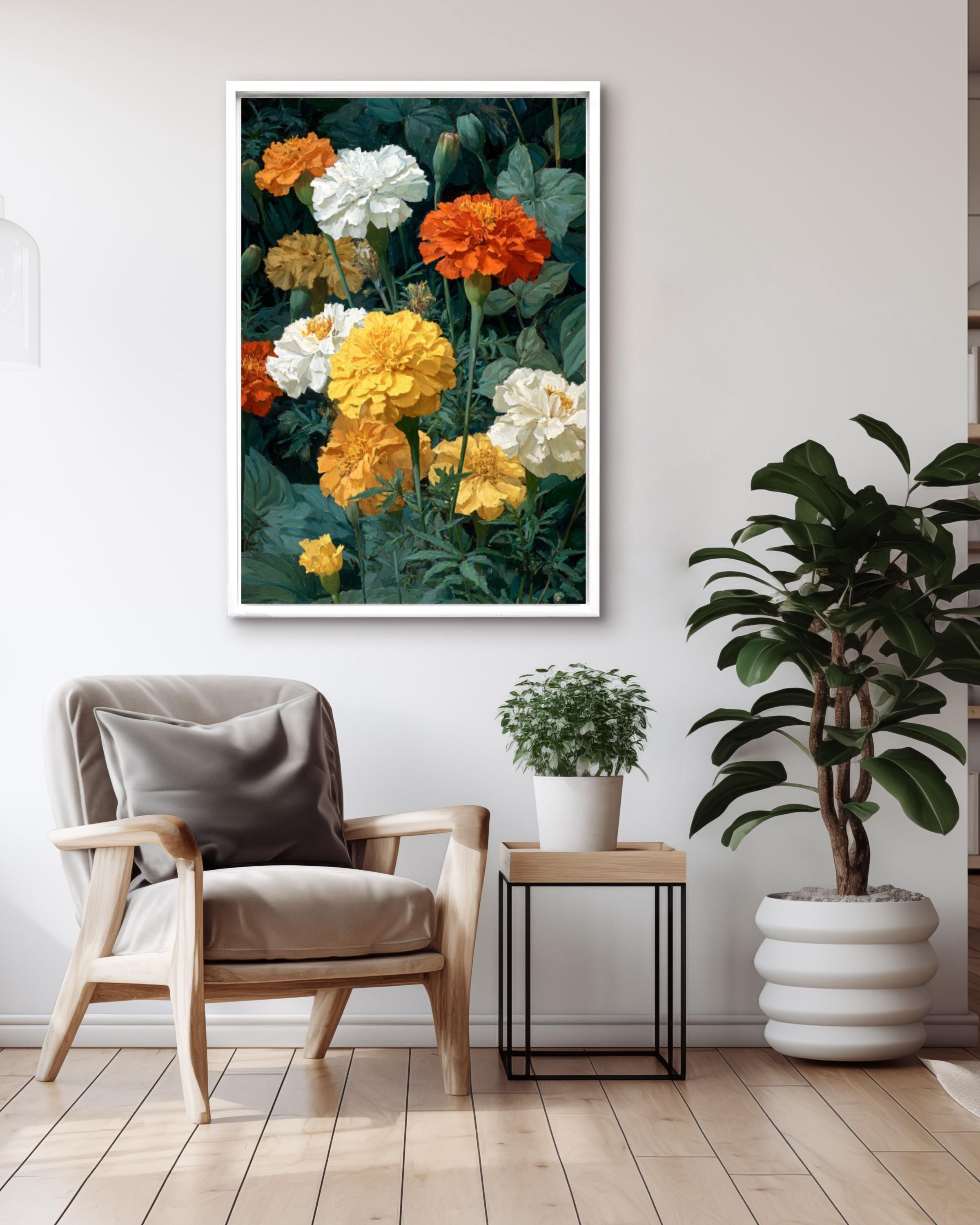 Marigold Floral Oil Painting Wall Art – Botanical Flower Canvas Print