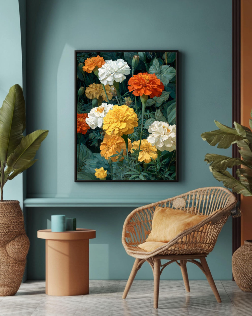 Marigold Floral Oil Painting Wall Art – Botanical Flower Canvas Print