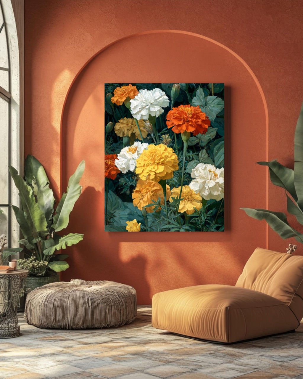 Marigold Floral Oil Painting Wall Art – Botanical Flower Canvas Print