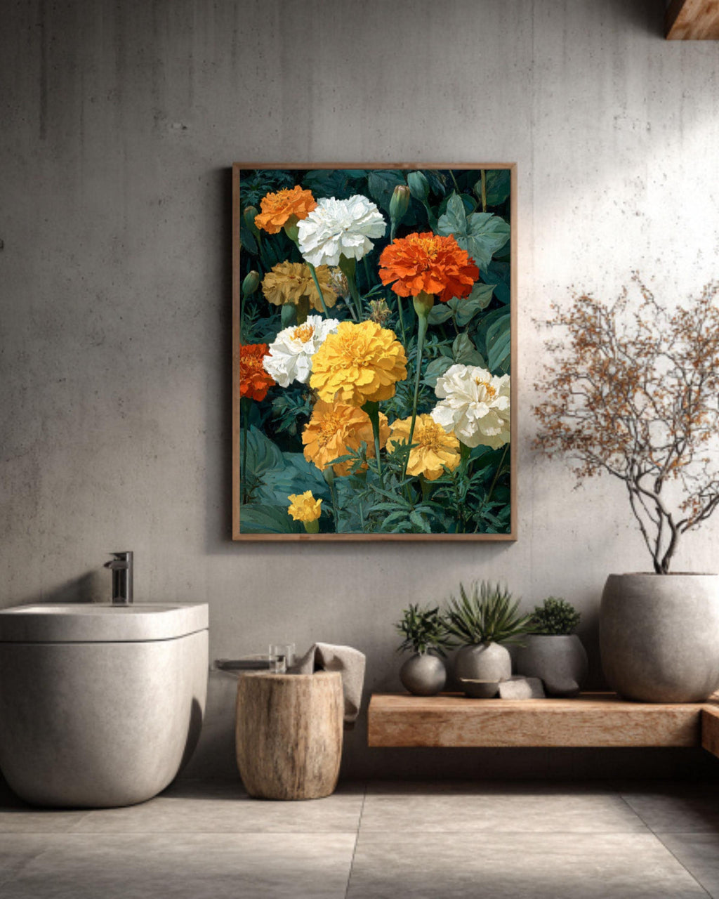 Marigold Floral Oil Painting Wall Art – Botanical Flower Canvas Print