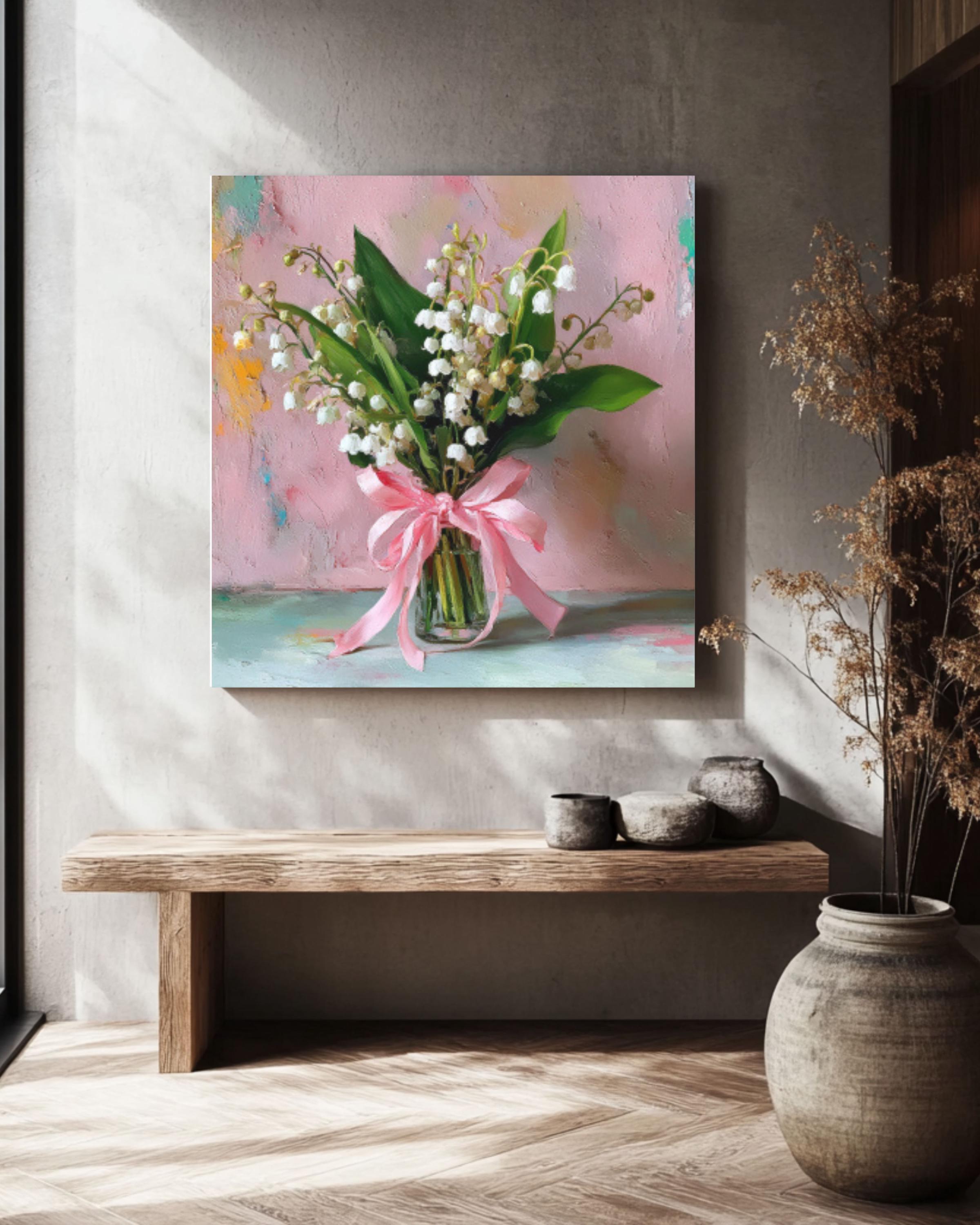 Lily of the Valley Wall Art – Pastel Floral Oil Painting with Pink Bow