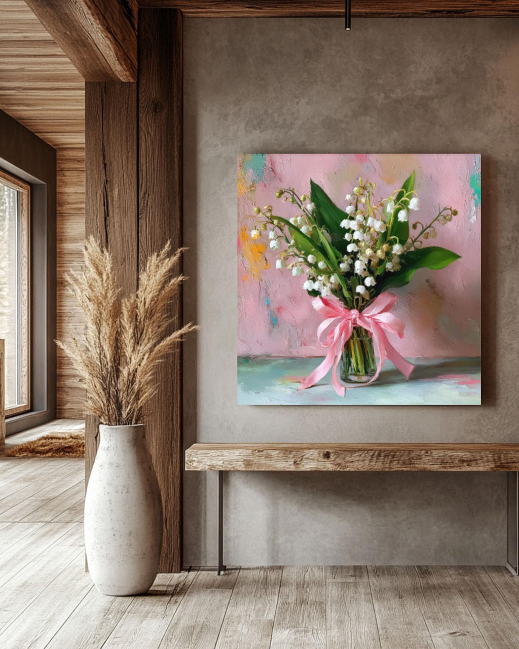Lily of the Valley Wall Art – Pastel Floral Oil Painting with Pink Bow