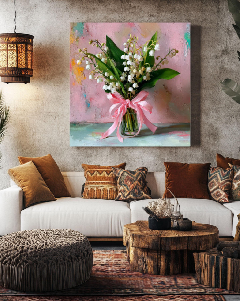 Lily of the Valley Wall Art – Pastel Floral Oil Painting with Pink Bow