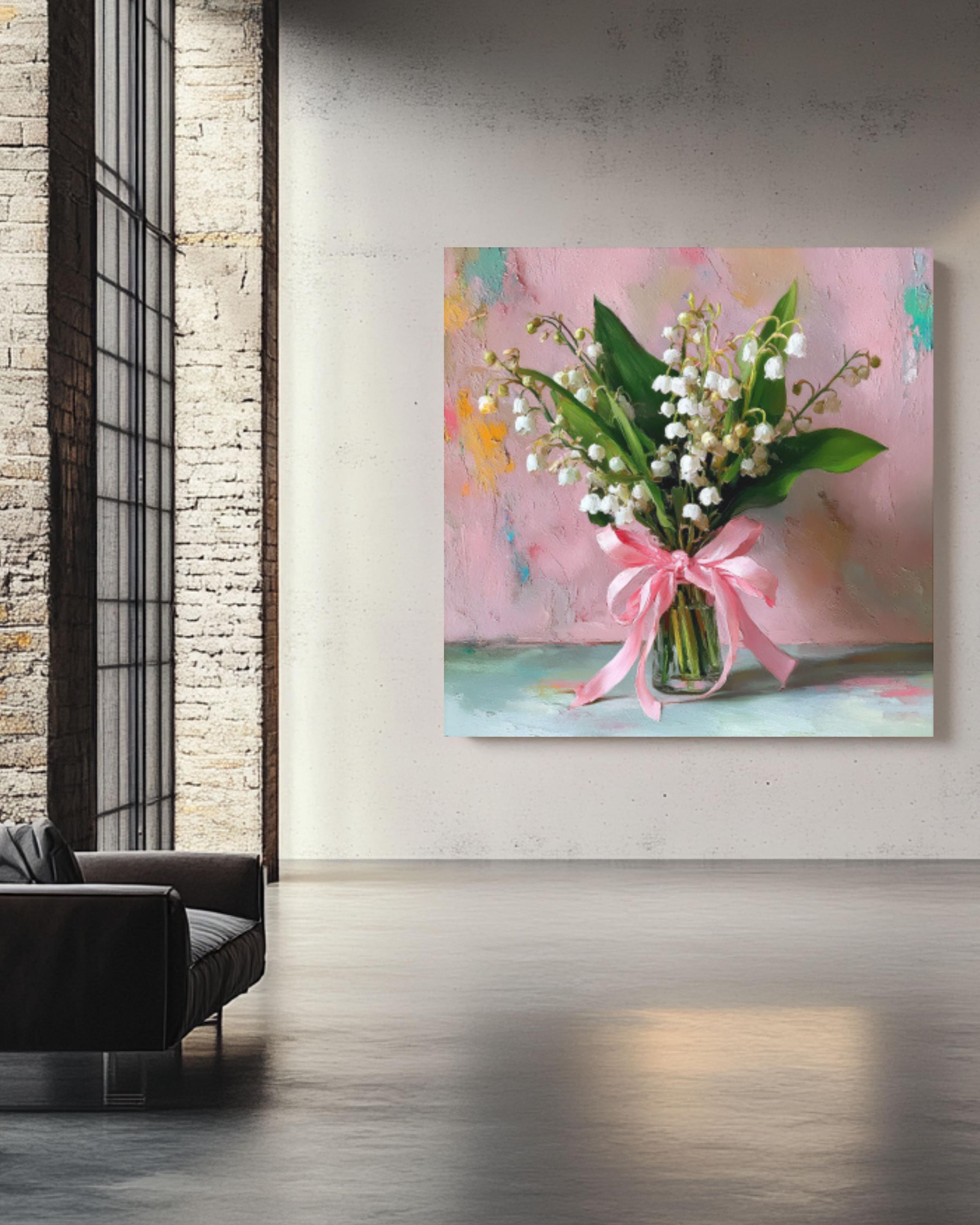 Lily of the Valley Wall Art – Pastel Floral Oil Painting with Pink Bow