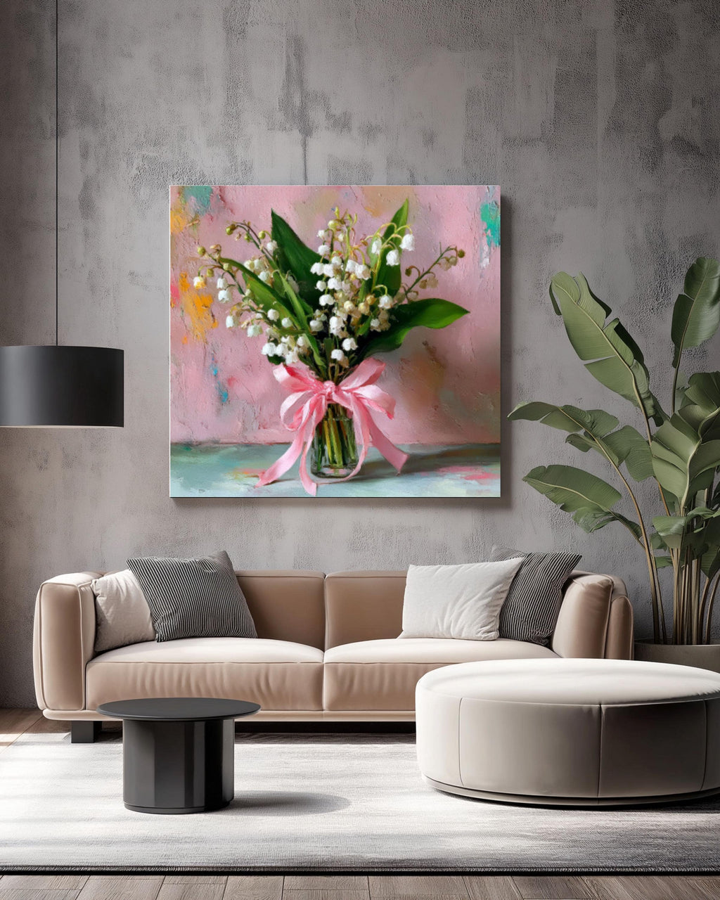 Lily of the Valley Wall Art – Pastel Floral Oil Painting with Pink Bow