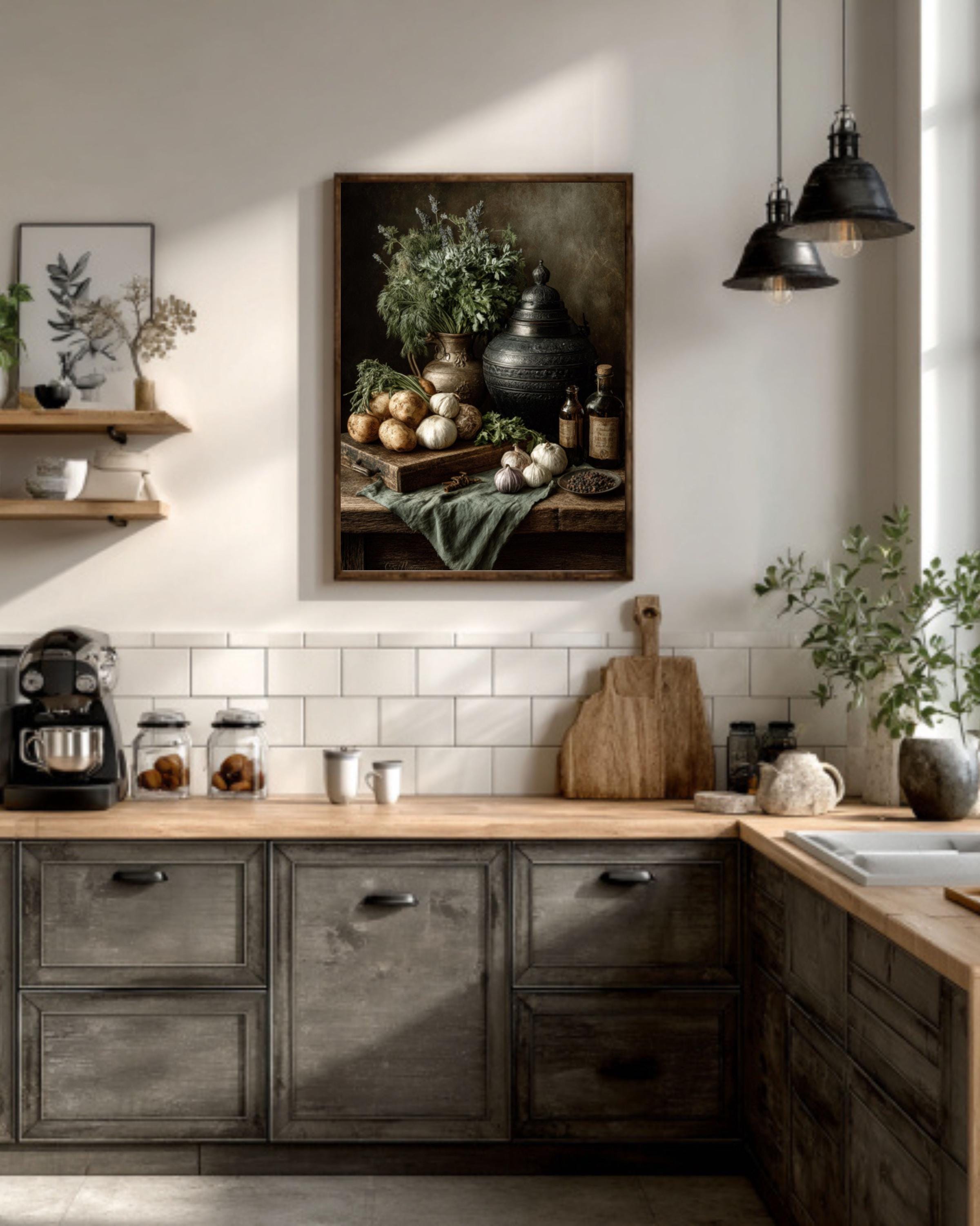 Old Master Still Life Wall Art – Herbs & Vegetables Rustic Kitchen Painting