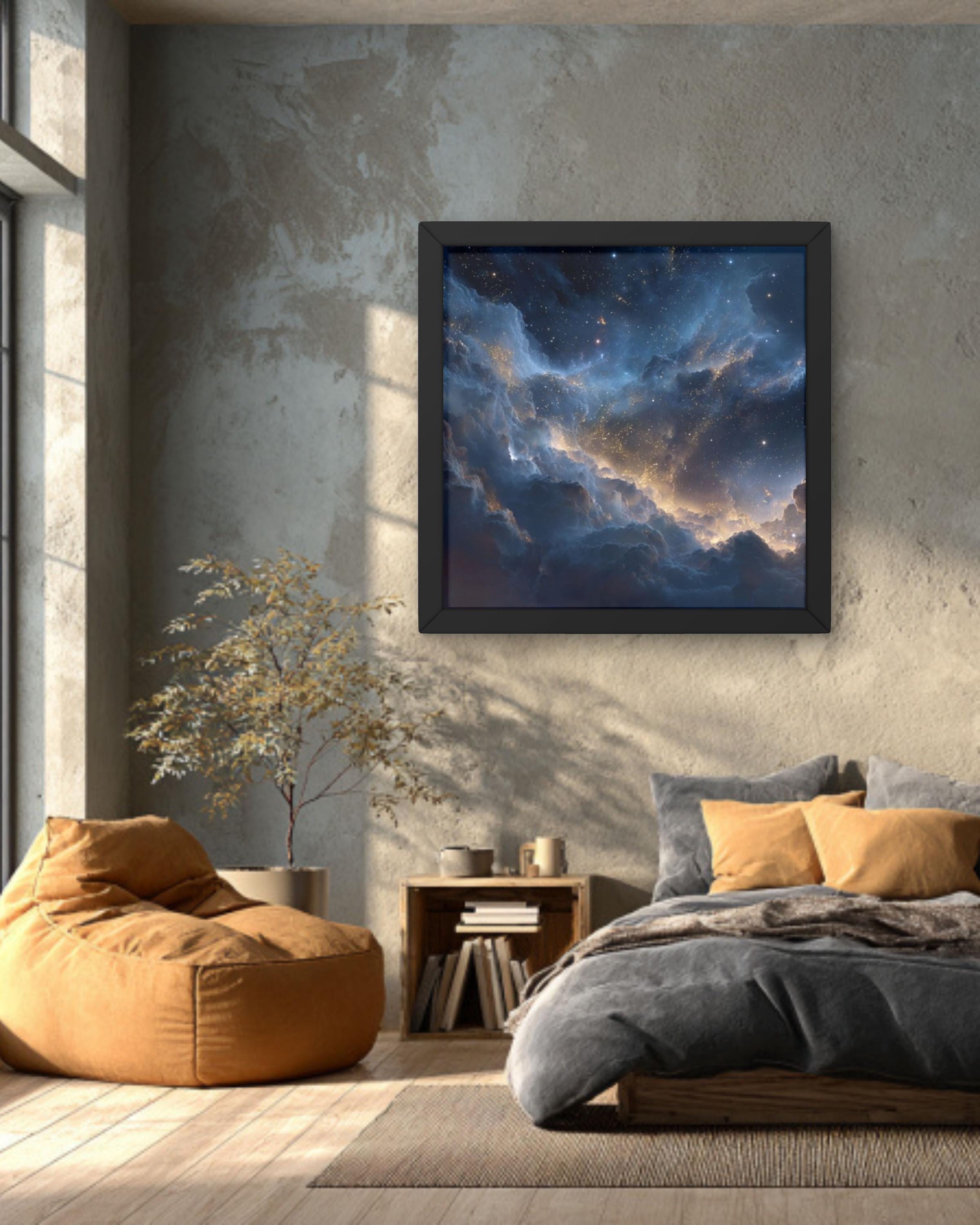 Celestial Starry Sky Art – Dark Blue & Gold Wall Decor