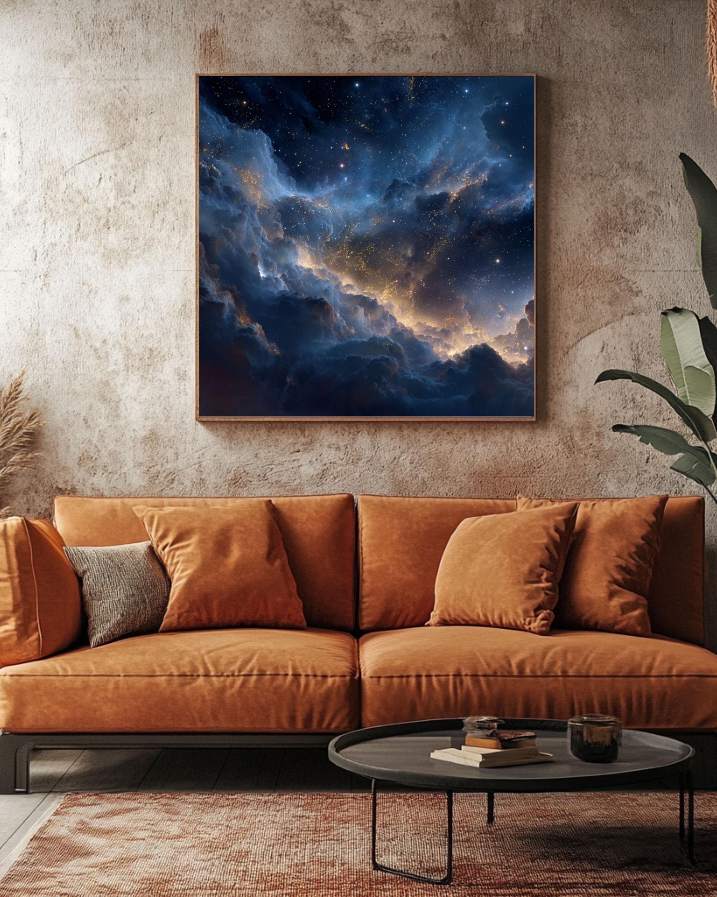 Celestial Starry Sky Art – Dark Blue & Gold Wall Decor