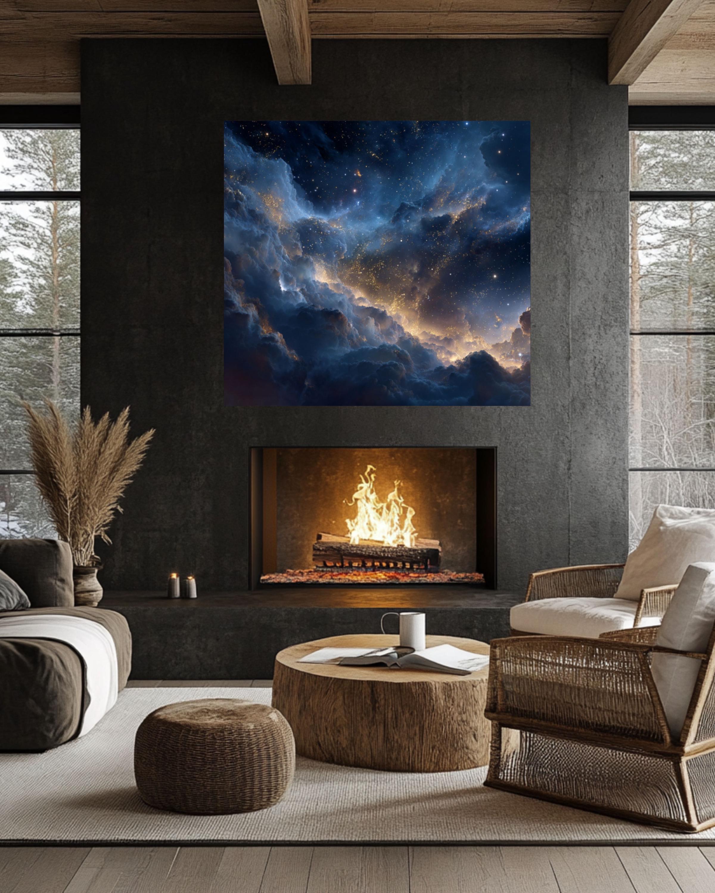 Celestial Starry Sky Art – Dark Blue & Gold Wall Decor