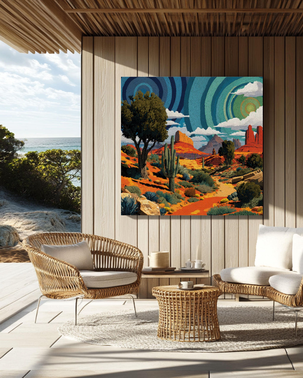 Psychedelic Desert Wall Art – Spiral Cactus Watercolor Landscape