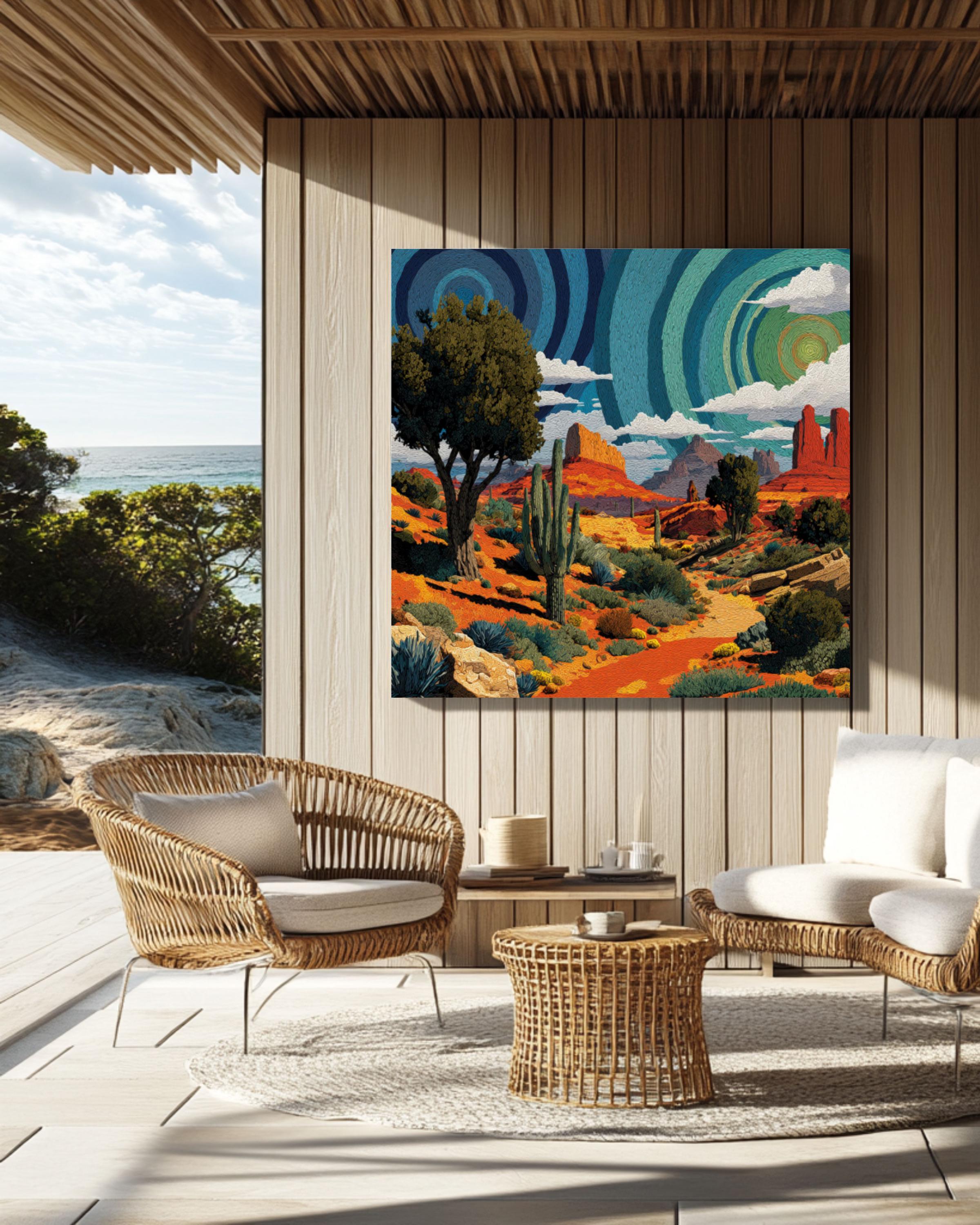 Psychedelic Desert Wall Art – Spiral Cactus Watercolor Landscape