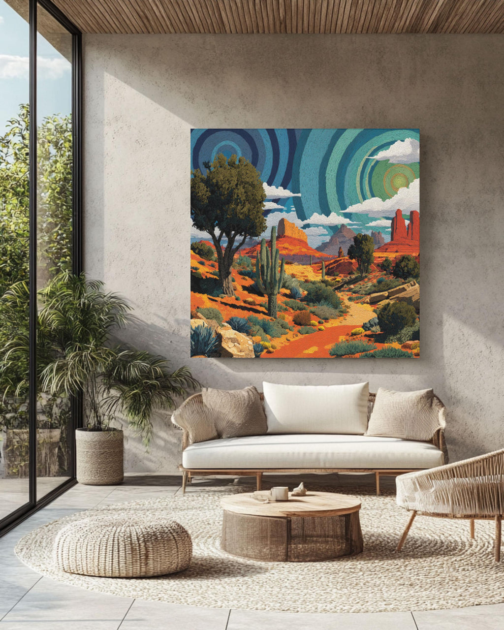 Psychedelic Desert Wall Art – Spiral Cactus Watercolor Landscape