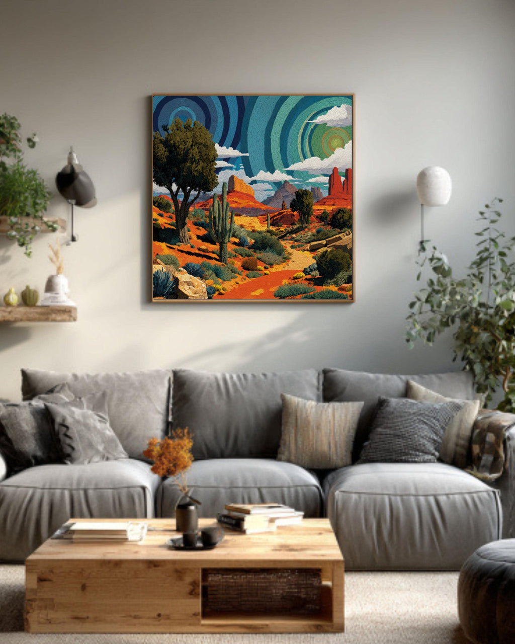 Psychedelic Desert Wall Art – Spiral Cactus Watercolor Landscape