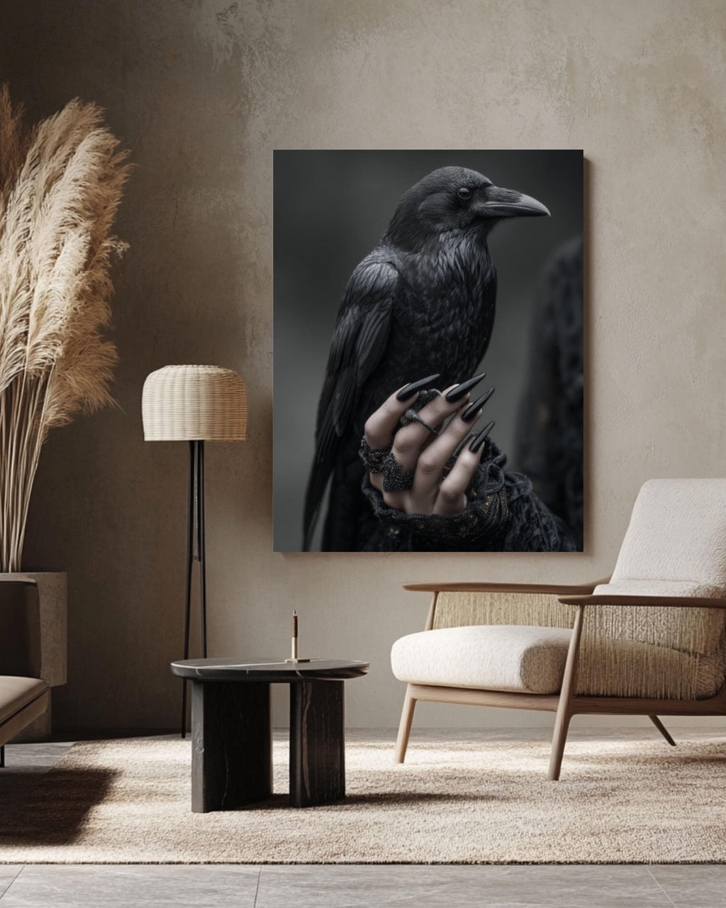 Gothic Raven Hand Wall Art – Dark Surreal Poster or Canvas Print