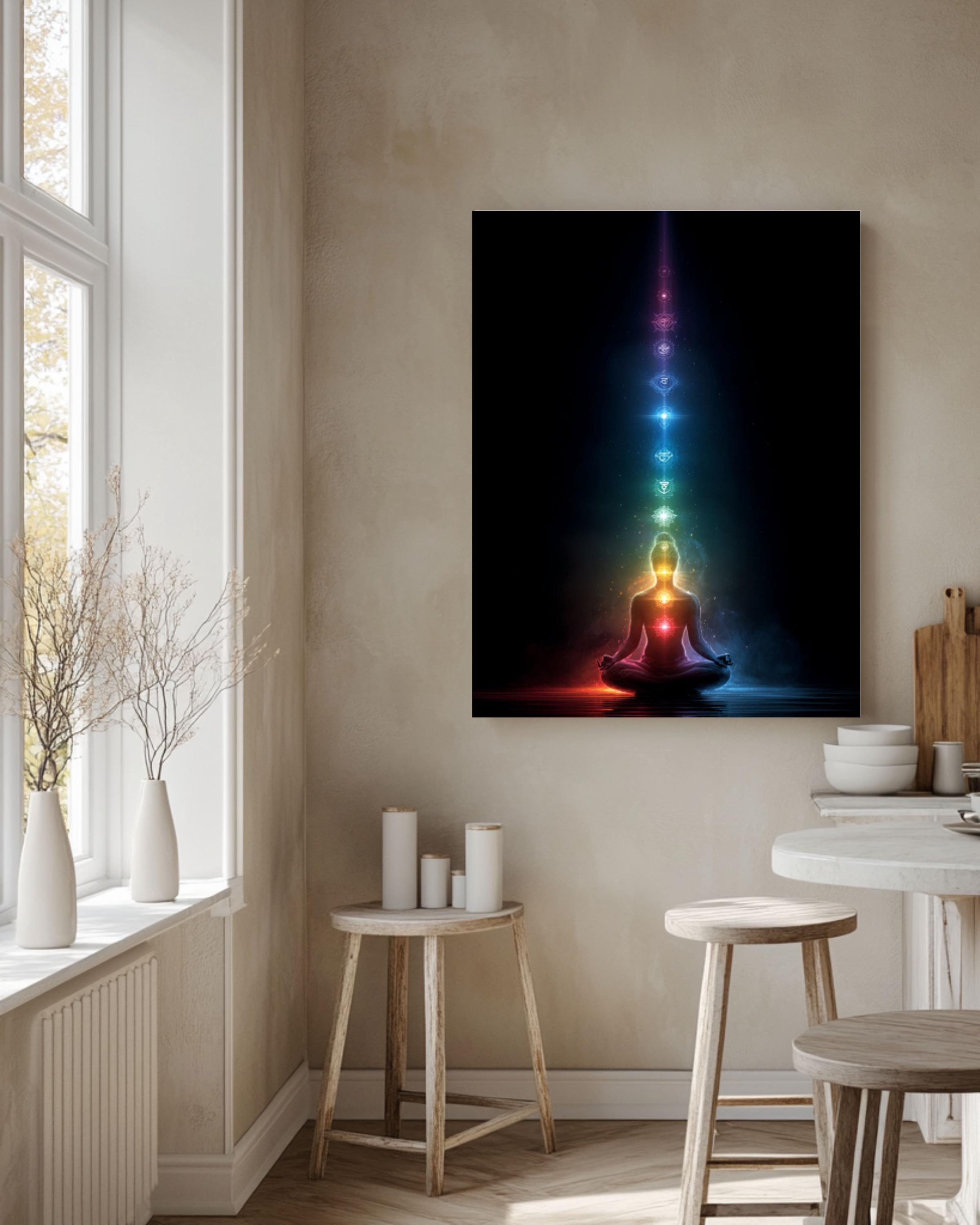 Chakra Meditation Art – Lotus Pose Energy Poster, Canvas, or Framed Print