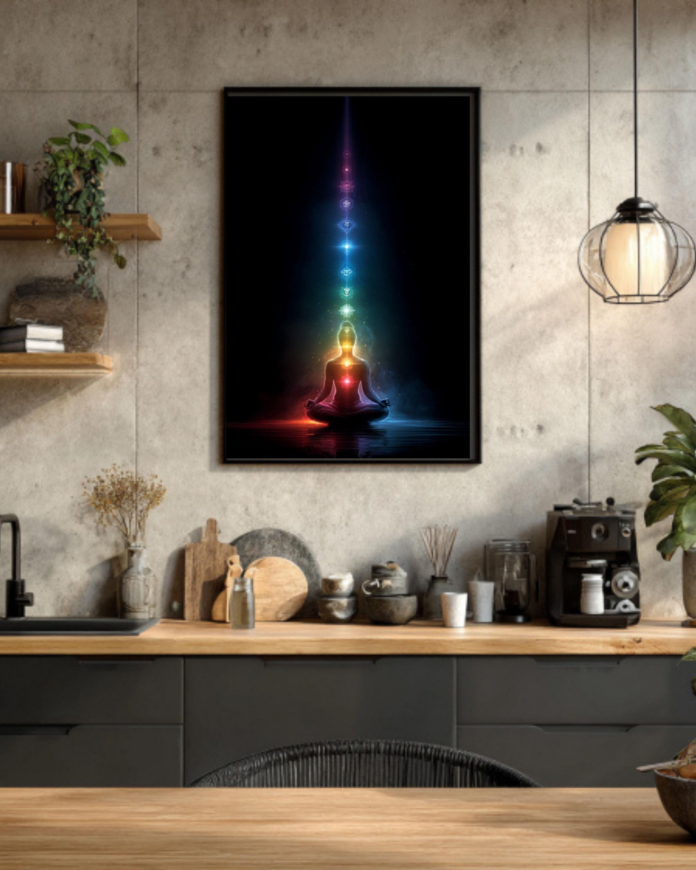Chakra Meditation Art – Lotus Pose Energy Poster, Canvas, or Framed Print