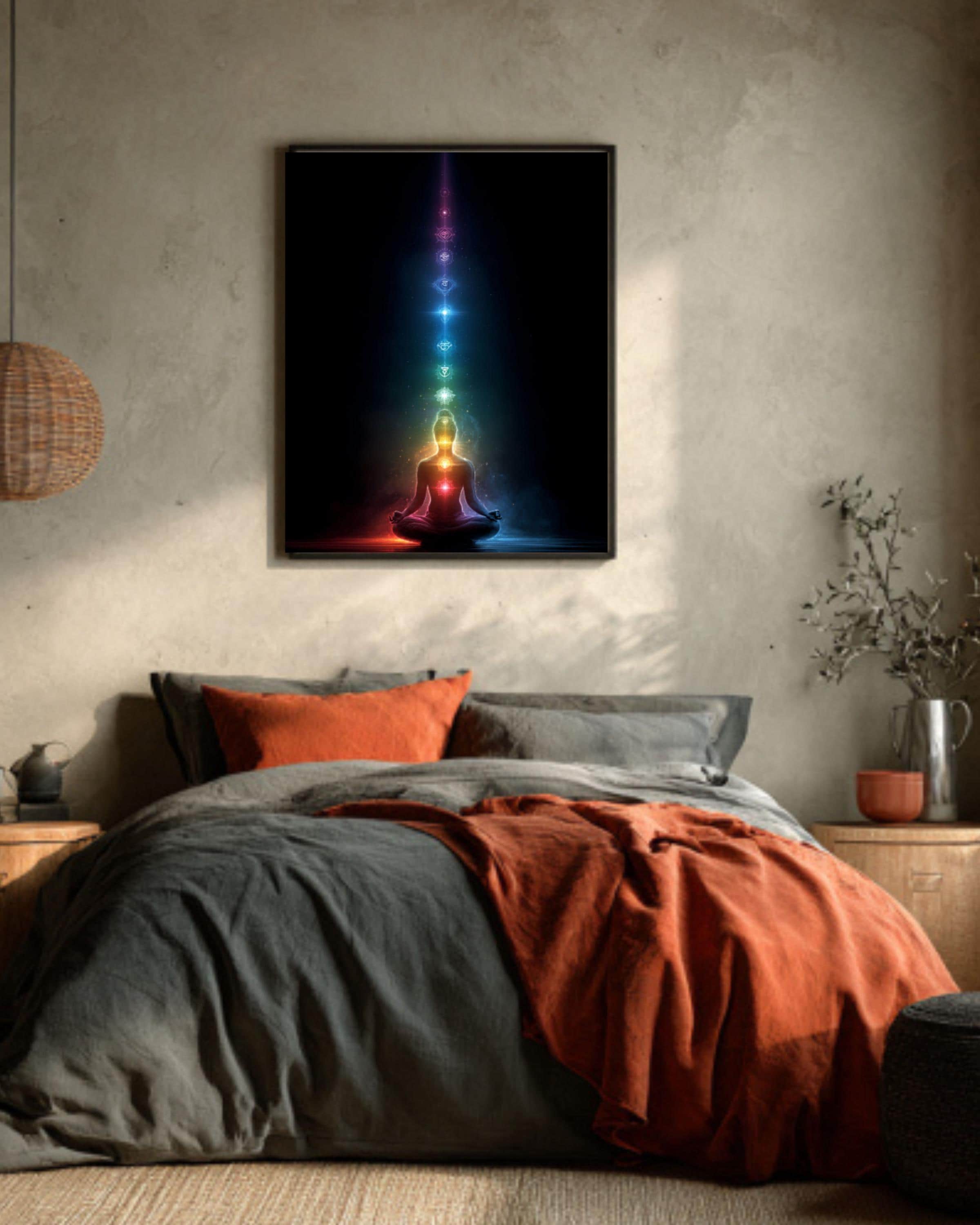 Chakra Meditation Art – Lotus Pose Energy Poster, Canvas, or Framed Print