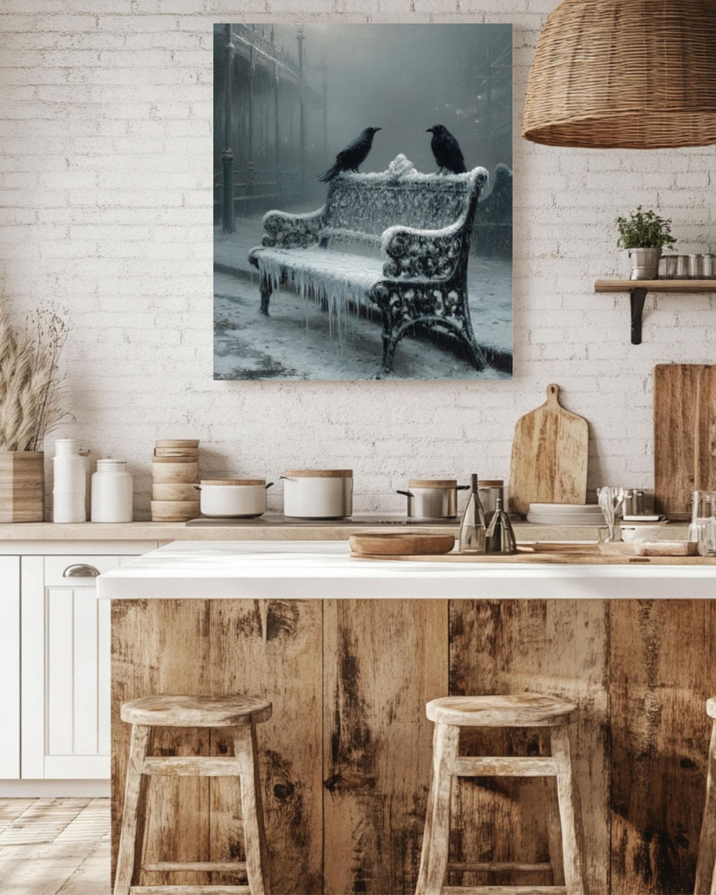 Victorian Crow Bench Wall Art Print – Gothic Winter Landscape Home Decor