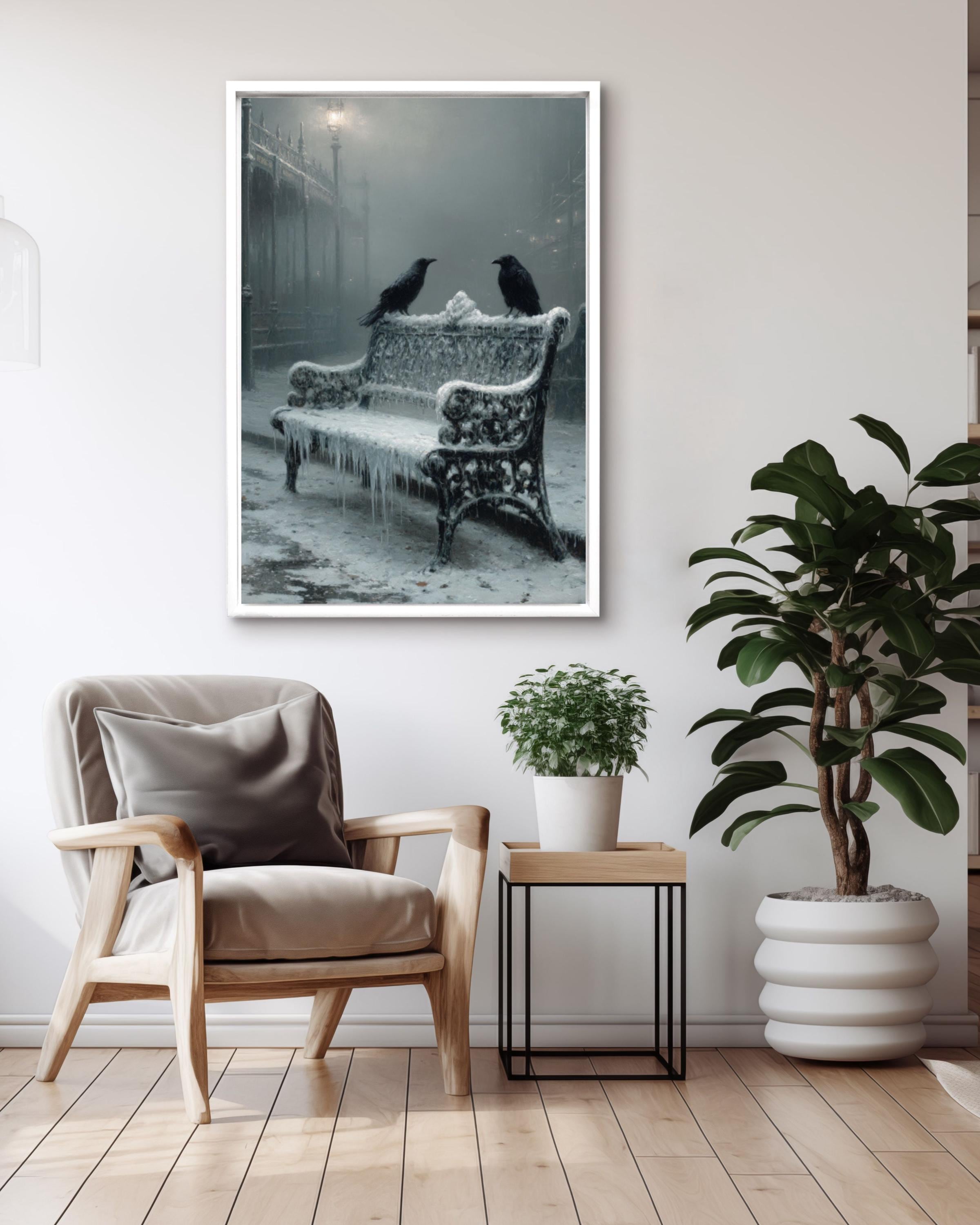 Victorian Crow Bench Wall Art Print – Gothic Winter Landscape Home Decor