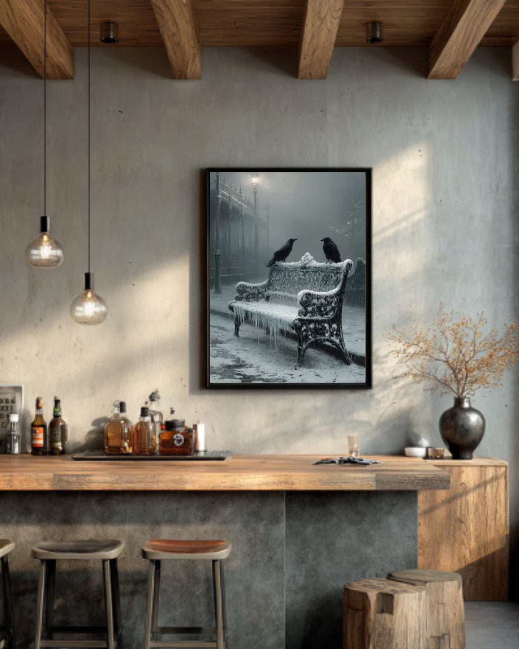Victorian Crow Bench Wall Art Print – Gothic Winter Landscape Home Decor