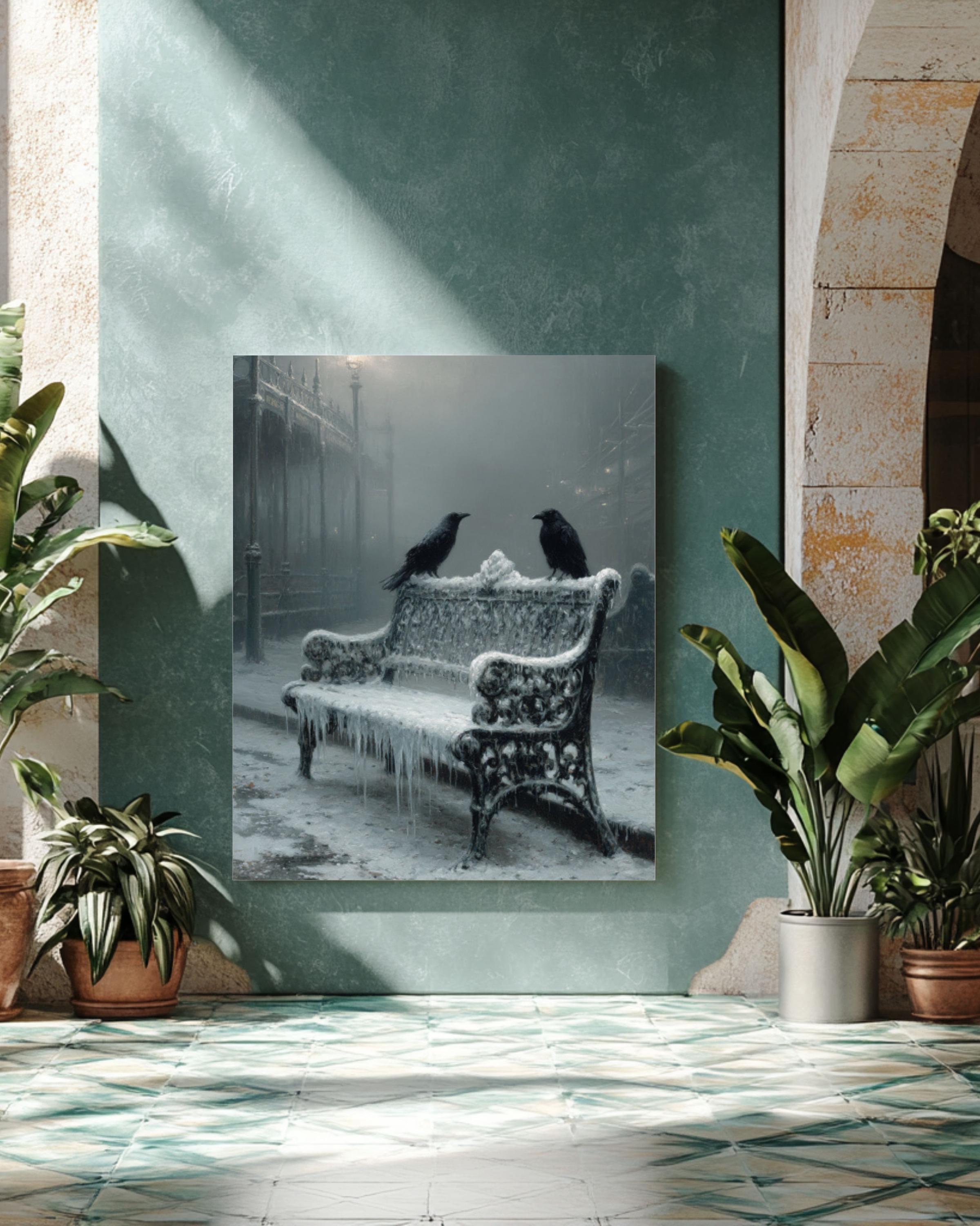 Victorian Crow Bench Wall Art Print – Gothic Winter Landscape Home Decor
