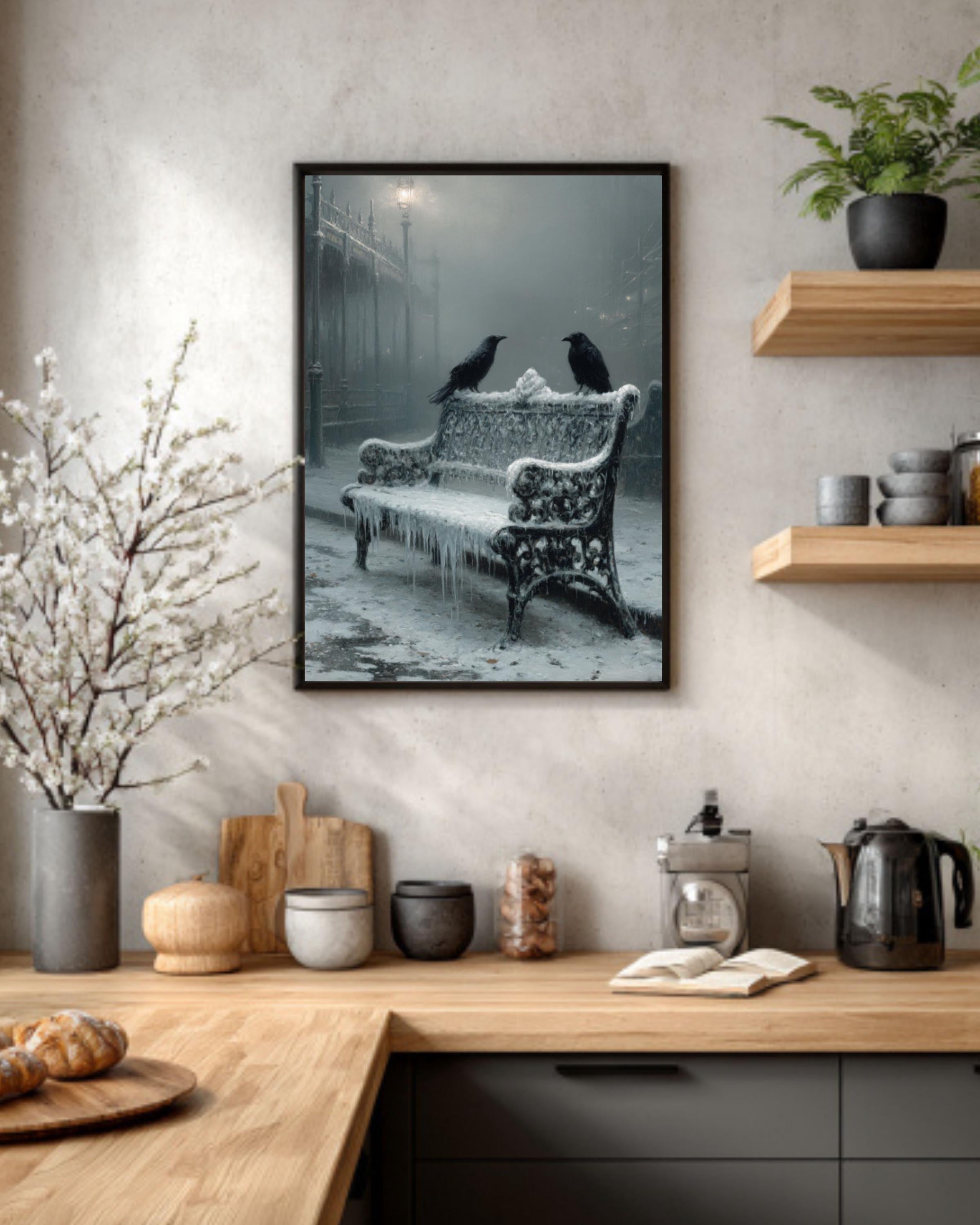 Victorian Crow Bench Wall Art Print – Gothic Winter Landscape Home Decor