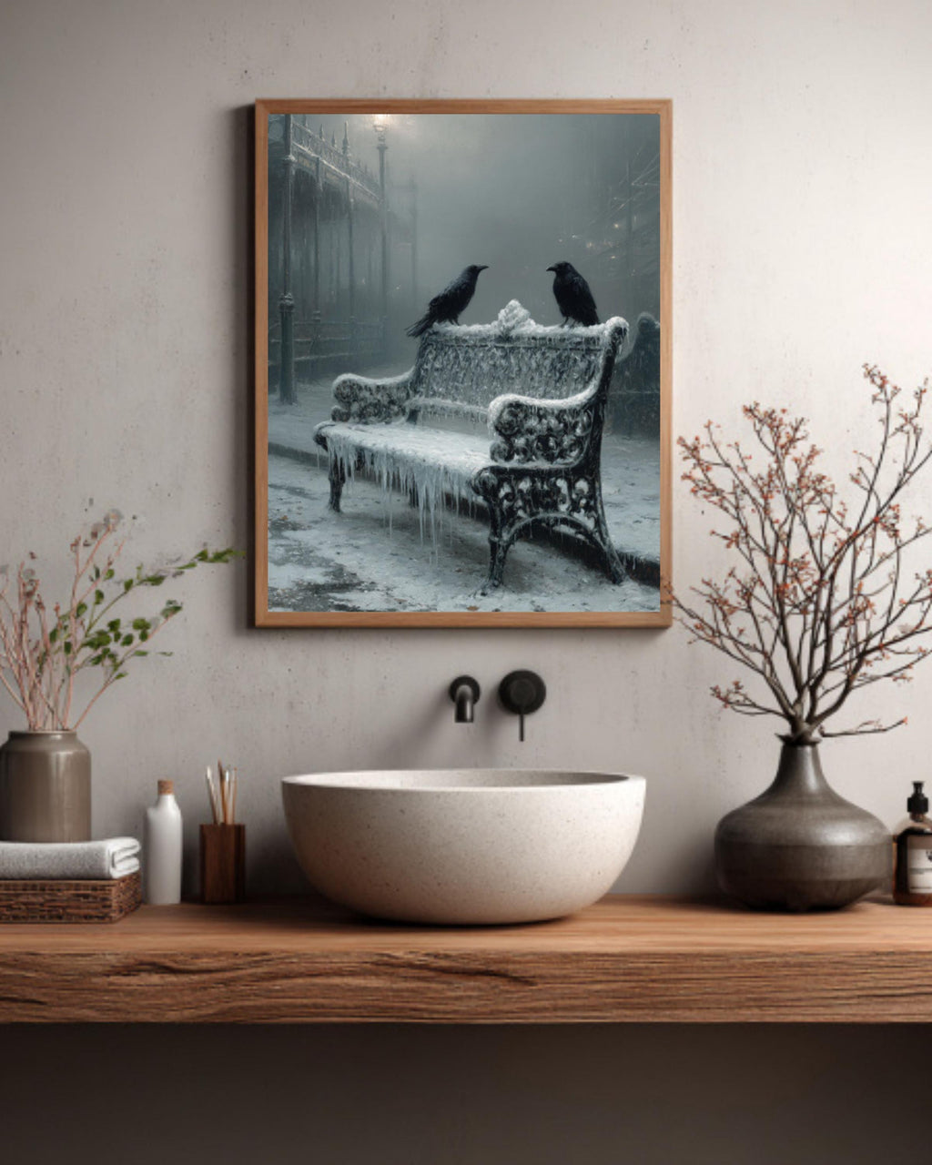 Victorian Crow Bench Wall Art Print – Gothic Winter Landscape Home Decor