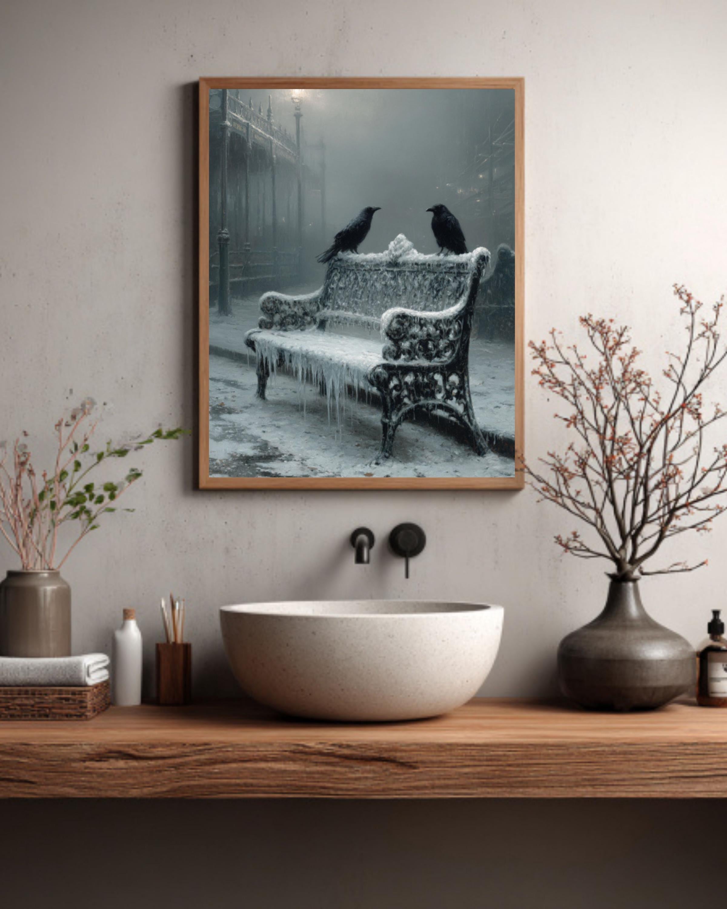 Victorian Crow Bench Wall Art Print – Gothic Winter Landscape Home Decor