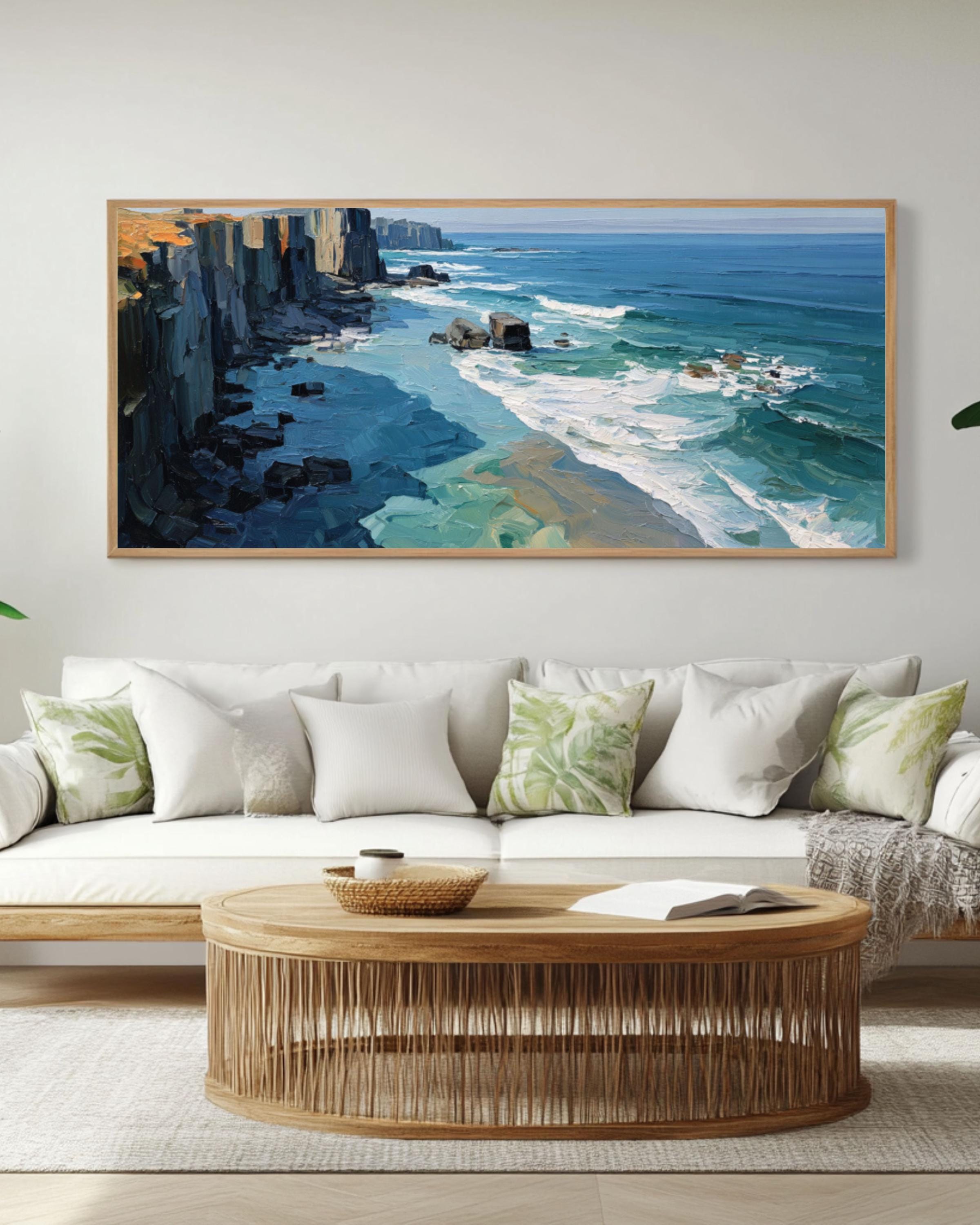 Abstract Coastal Cliff Wall Art – Ocean Oil Painting on Framed Canvas