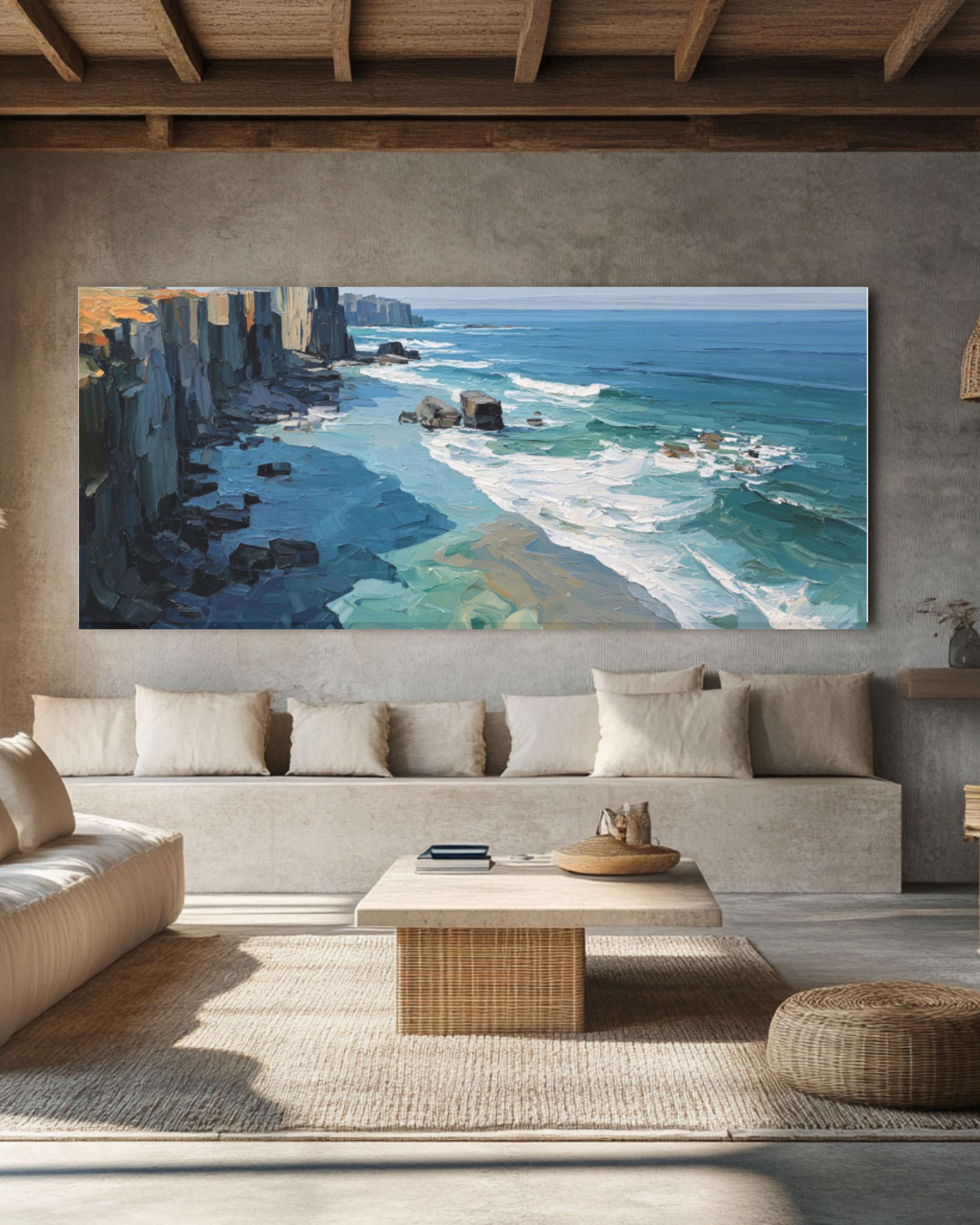 Abstract Coastal Cliff Wall Art – Ocean Oil Painting on Framed Canvas