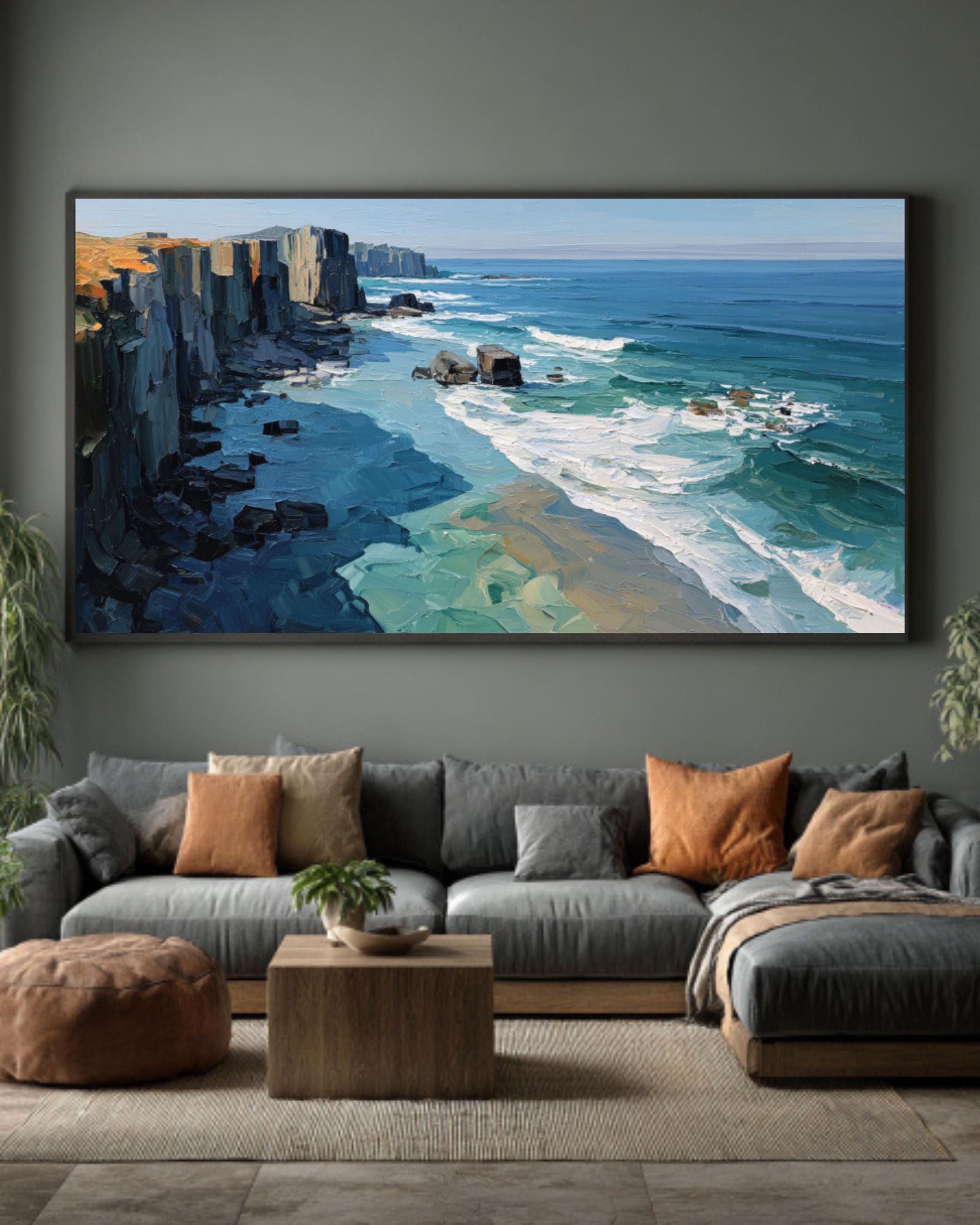 Abstract Coastal Cliff Wall Art – Ocean Oil Painting on Framed Canvas